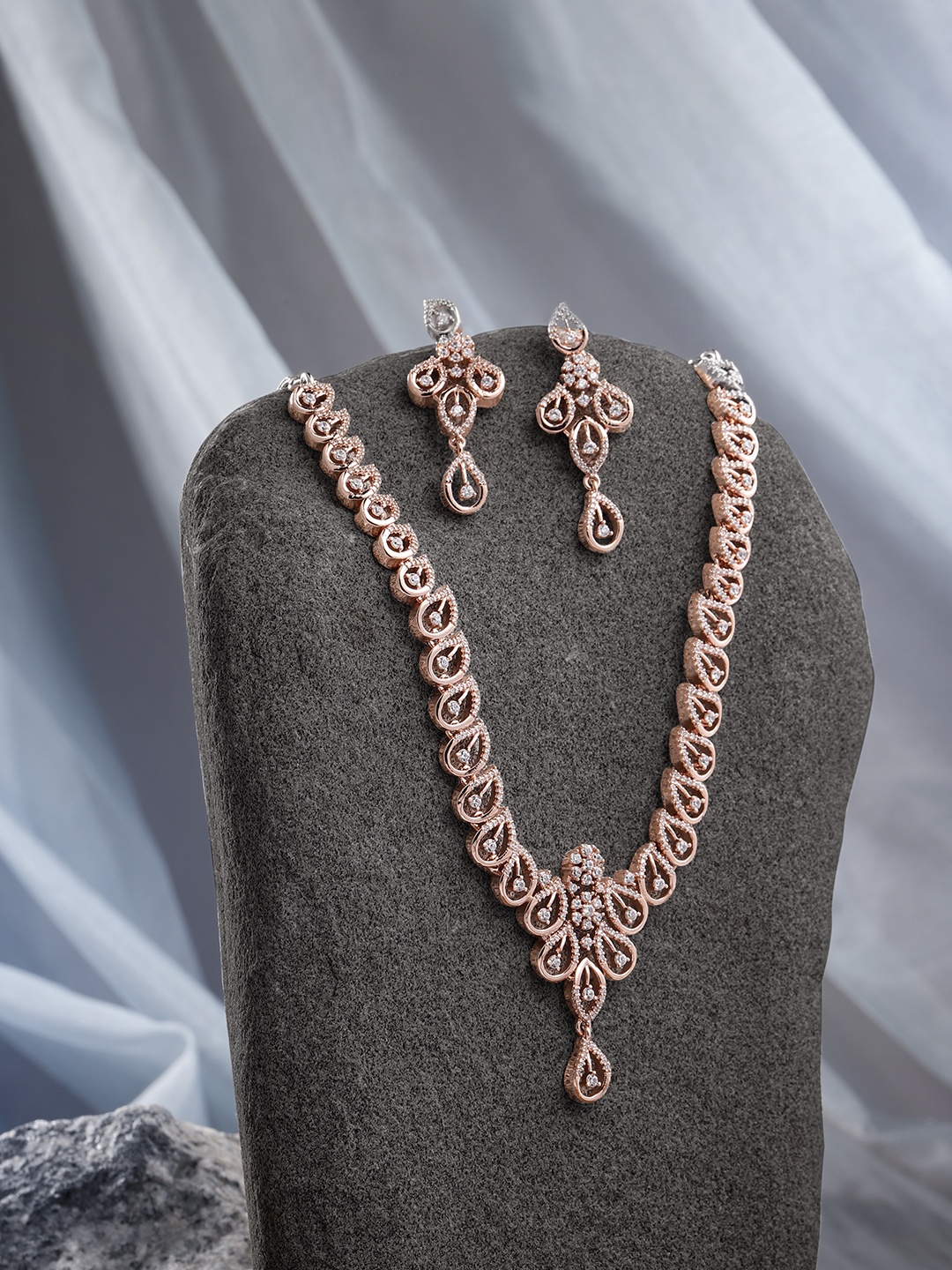 

Peora Rose-Gold Plated American Diamond Necklace with Drop Earrings