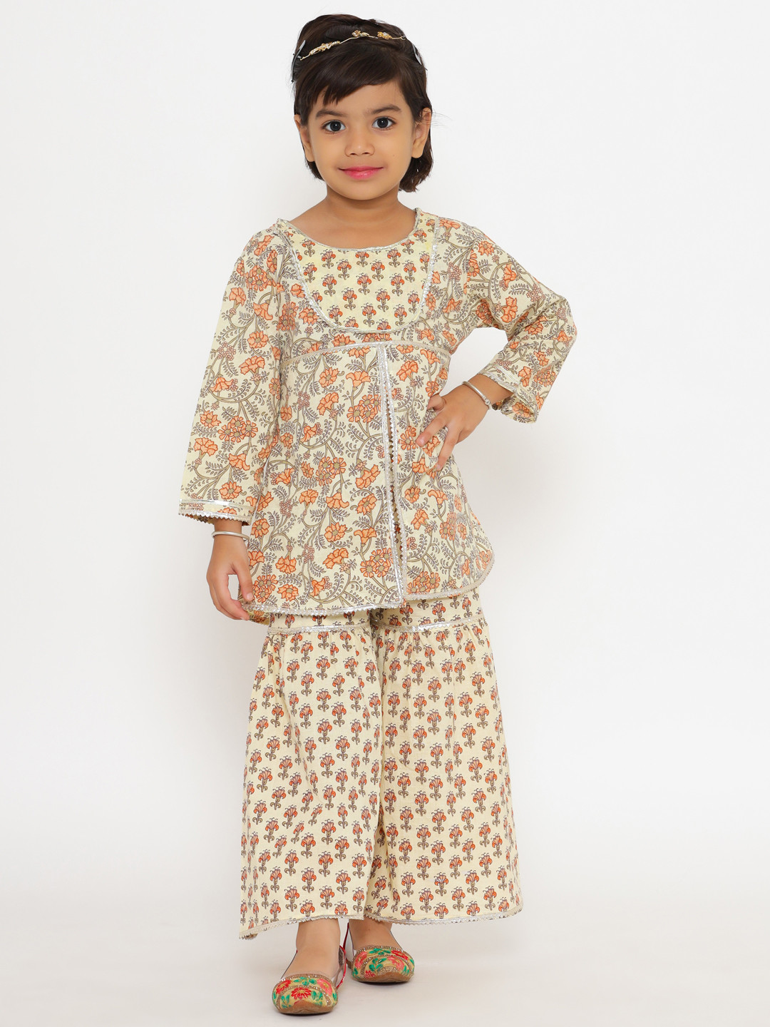 

Readiprint Fashions Girls Beige Floral Printed Empire Gotta Patti Pure Cotton Kurta with Sharara