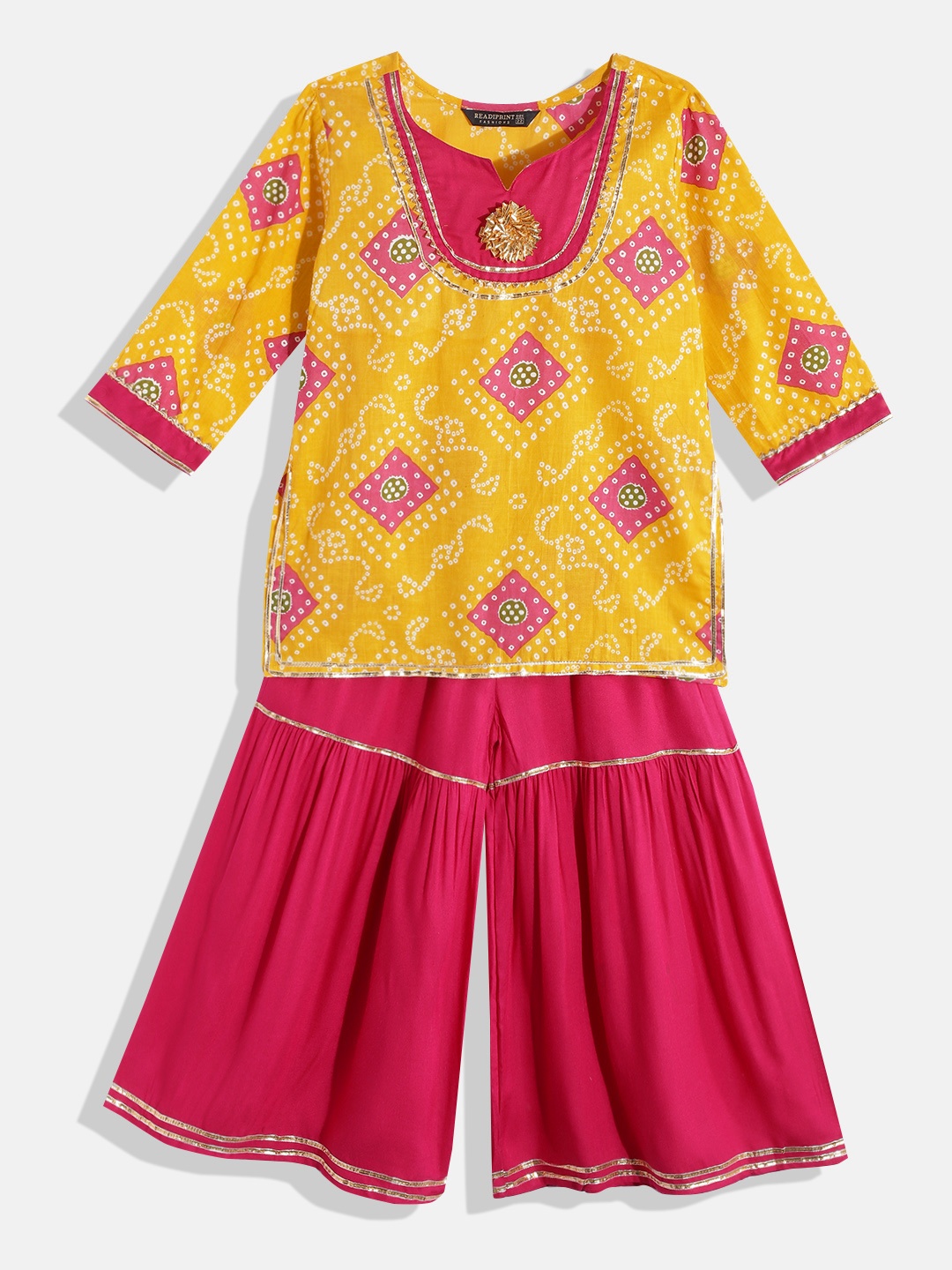 

Readiprint Fashions Girls Yellow Bandhani Printed Gotta Patti Pure Cotton Kurti with Sharara