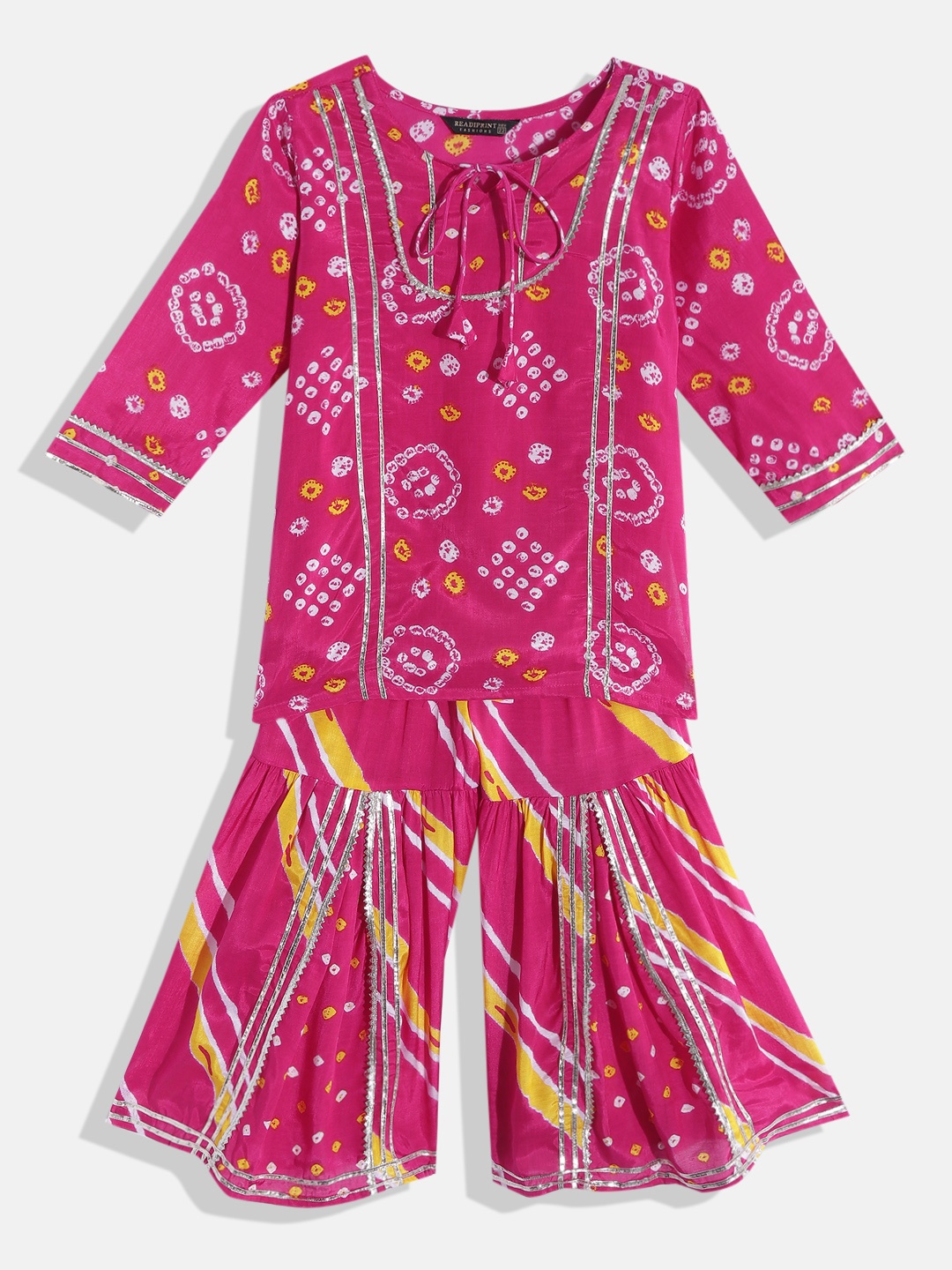 

Readiprint Fashions Girls Pink Bandhani Printed Gotta Patti Kurti with Sharara