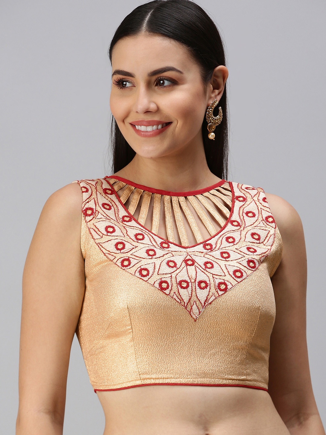 flaher Women Golden & Red Embroidered Readymade Blouse, Gold
