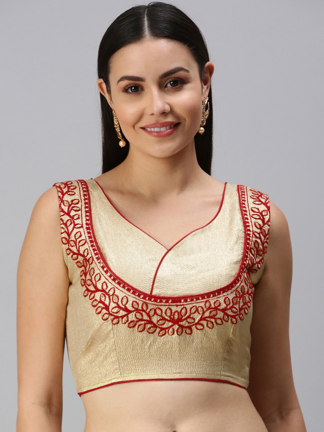 

flaher Women Golden & Red Embroidered Art Silk Readymade Non-Padded Blouse, Gold