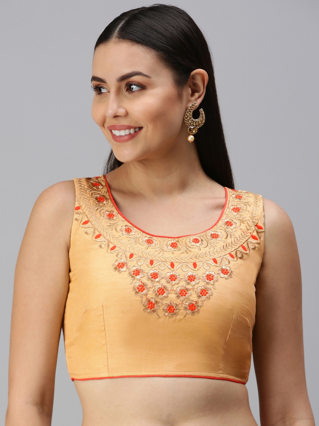 

flaher Women Beige & Orange Floral Embroidered Readymade Blouse
