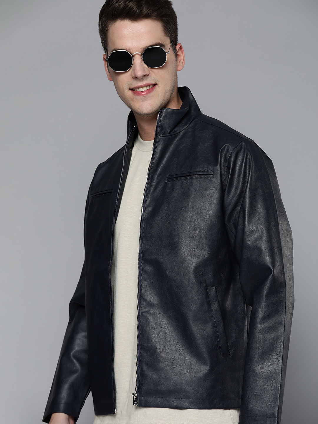 

HERE&NOW Men Navy Blue Solid PU Coated Tailored Jacket