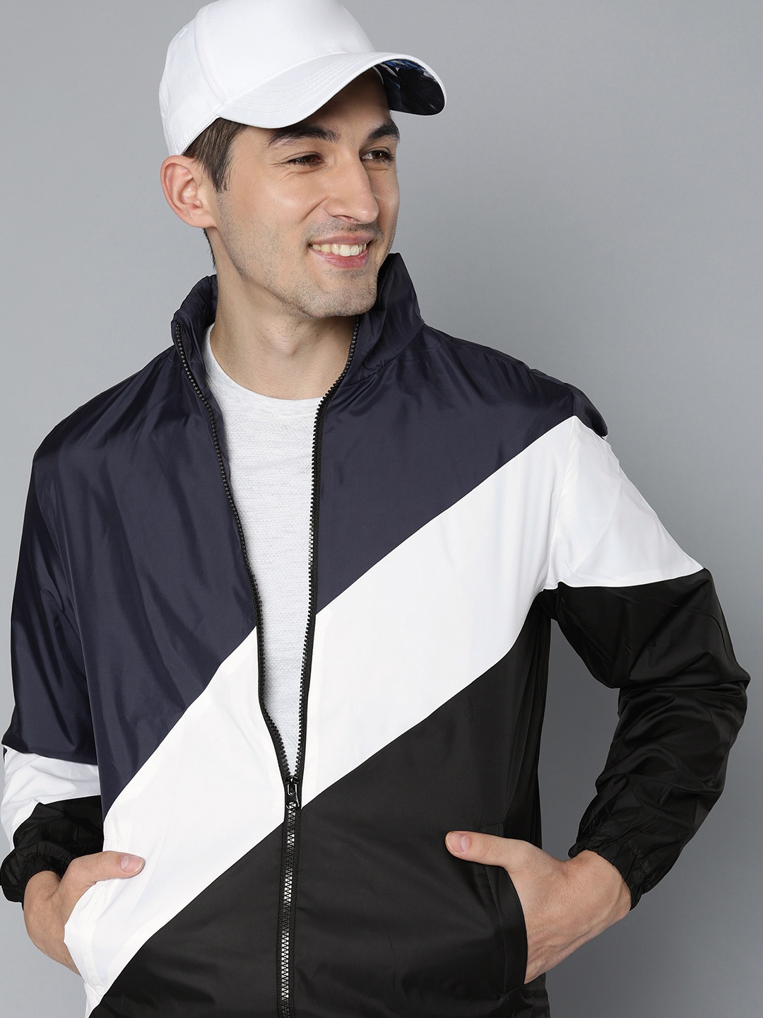 

HERE&NOW Men Navy Blue & Black Colourblocked Padded Jacket