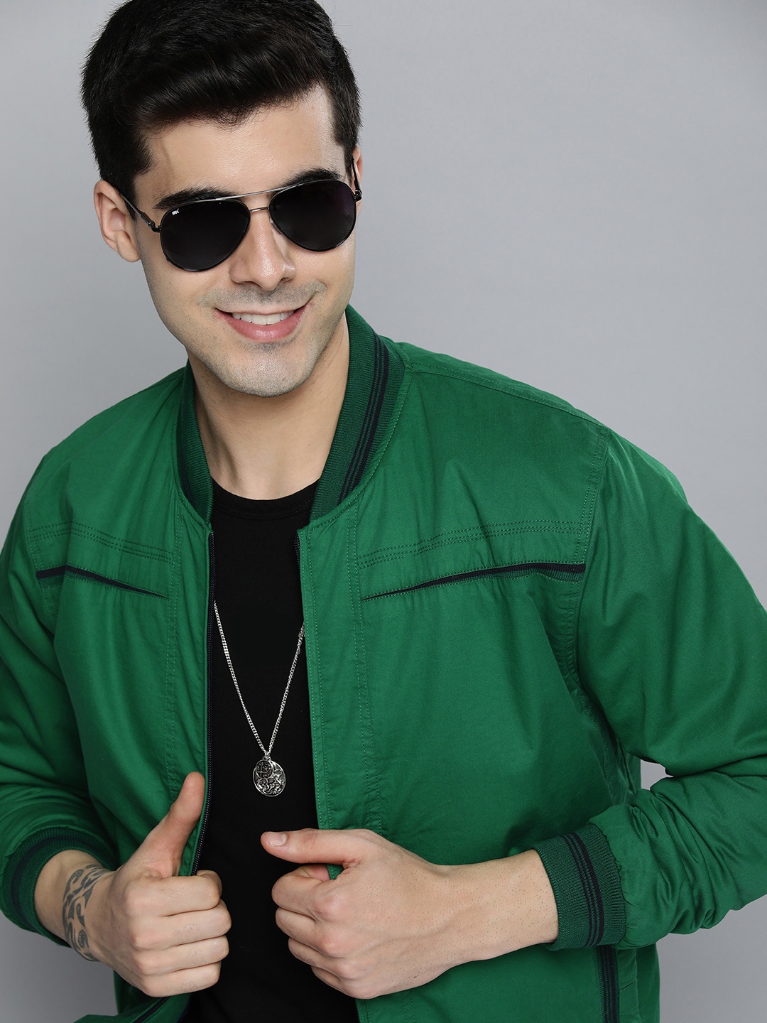 

HERE&NOW Men Green Solid Bomber Jacket