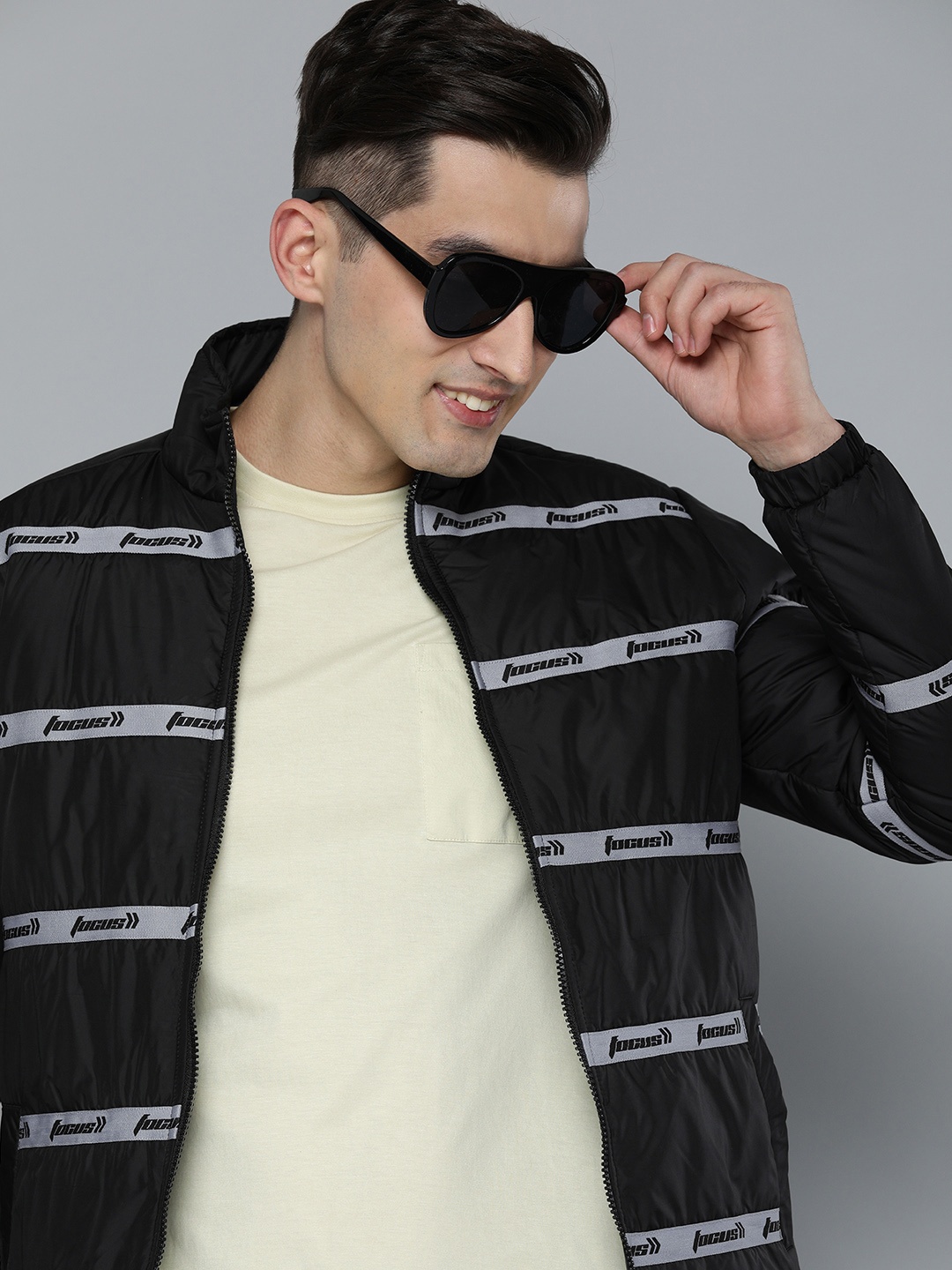 

HERE&NOW Men Typography Printed Mock-Collar Padded Jacket, Black