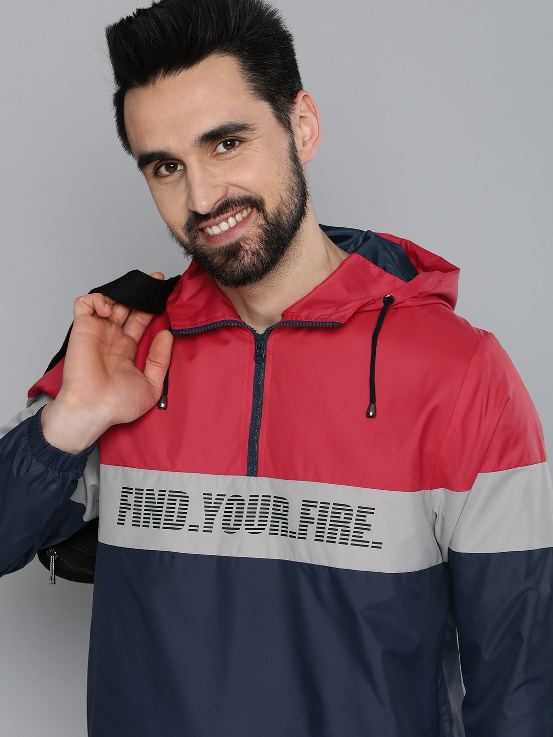 

HERE&NOW Men Red & Navy Blue Colourblocked Bomber Jacket