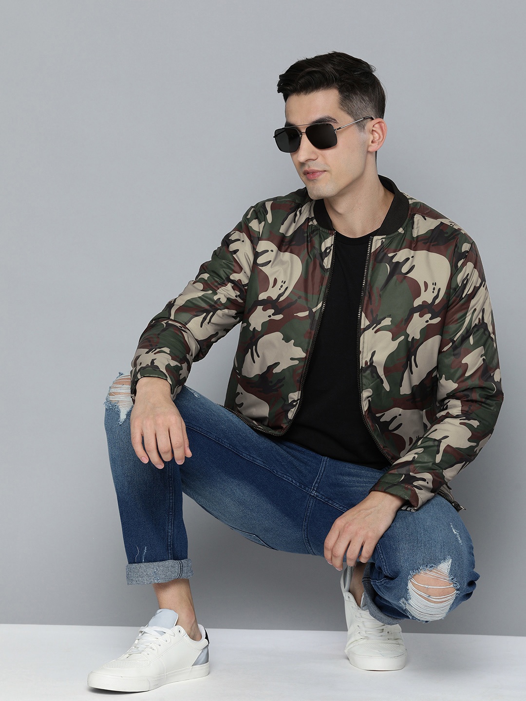 

HERE&NOW Men Camouflage Printed Stand-Collar Sporty Jacket, Olive