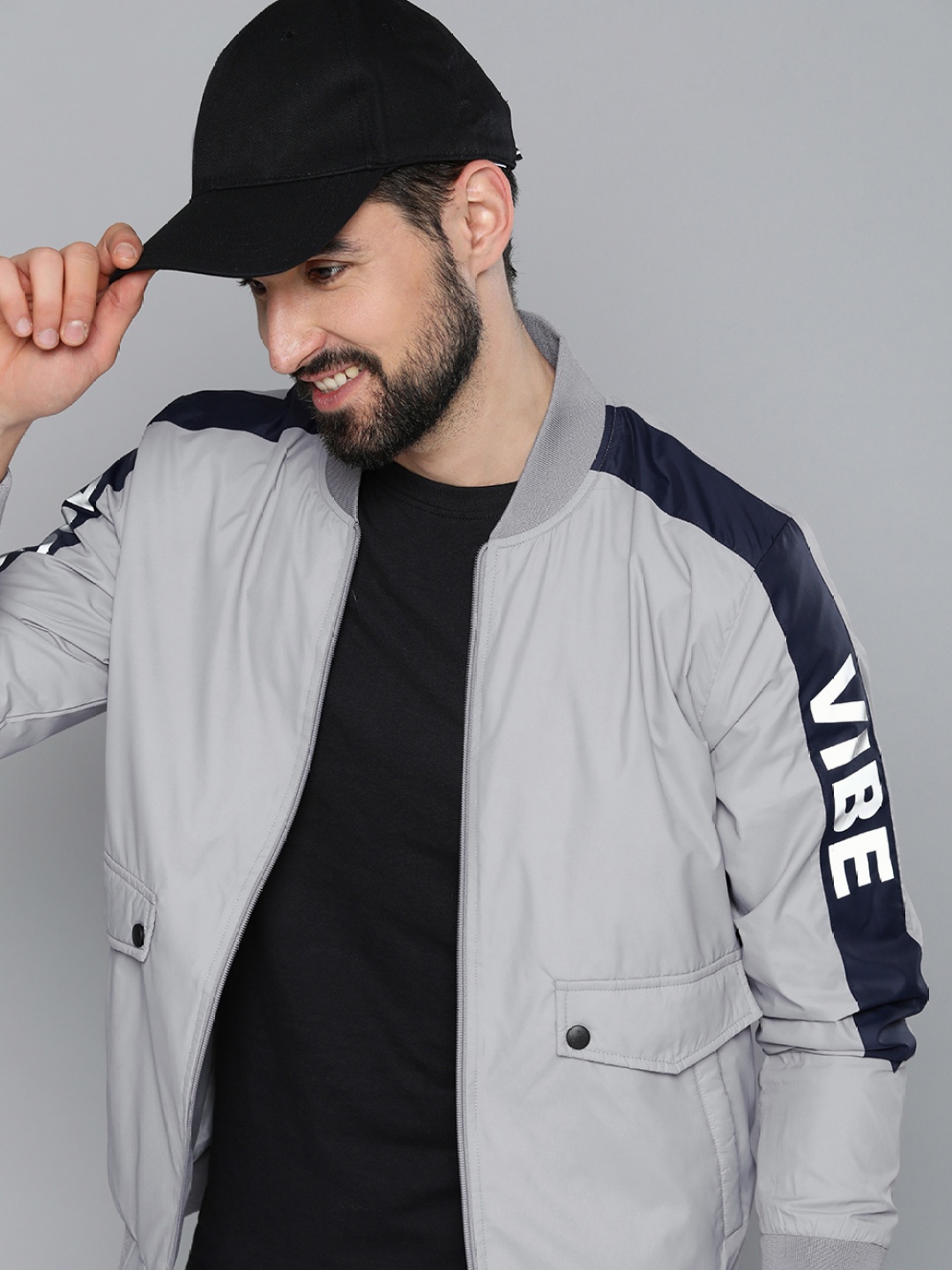 

HERE&NOW Men Grey Typography Bomber Jacket