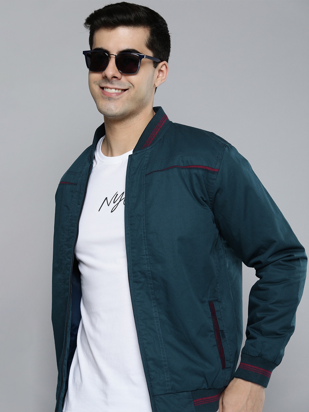 

HERE&NOW Men Blue Solid Bomber Jacket