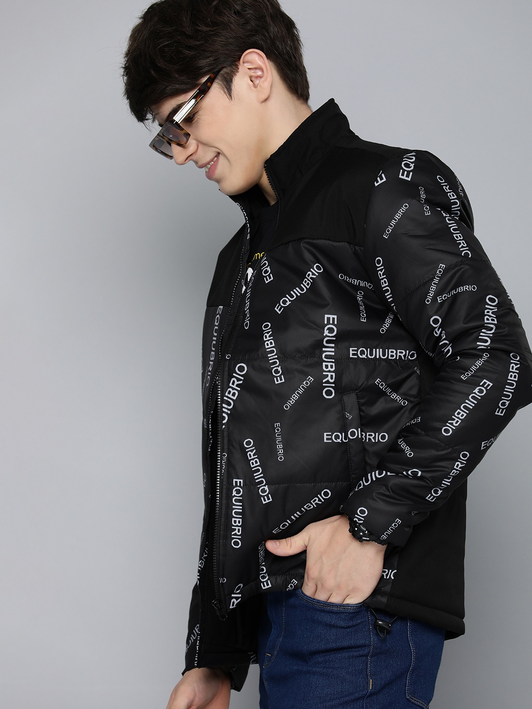 

HERE&NOW Mock Collar Typography Printed Padded Jacket, Black