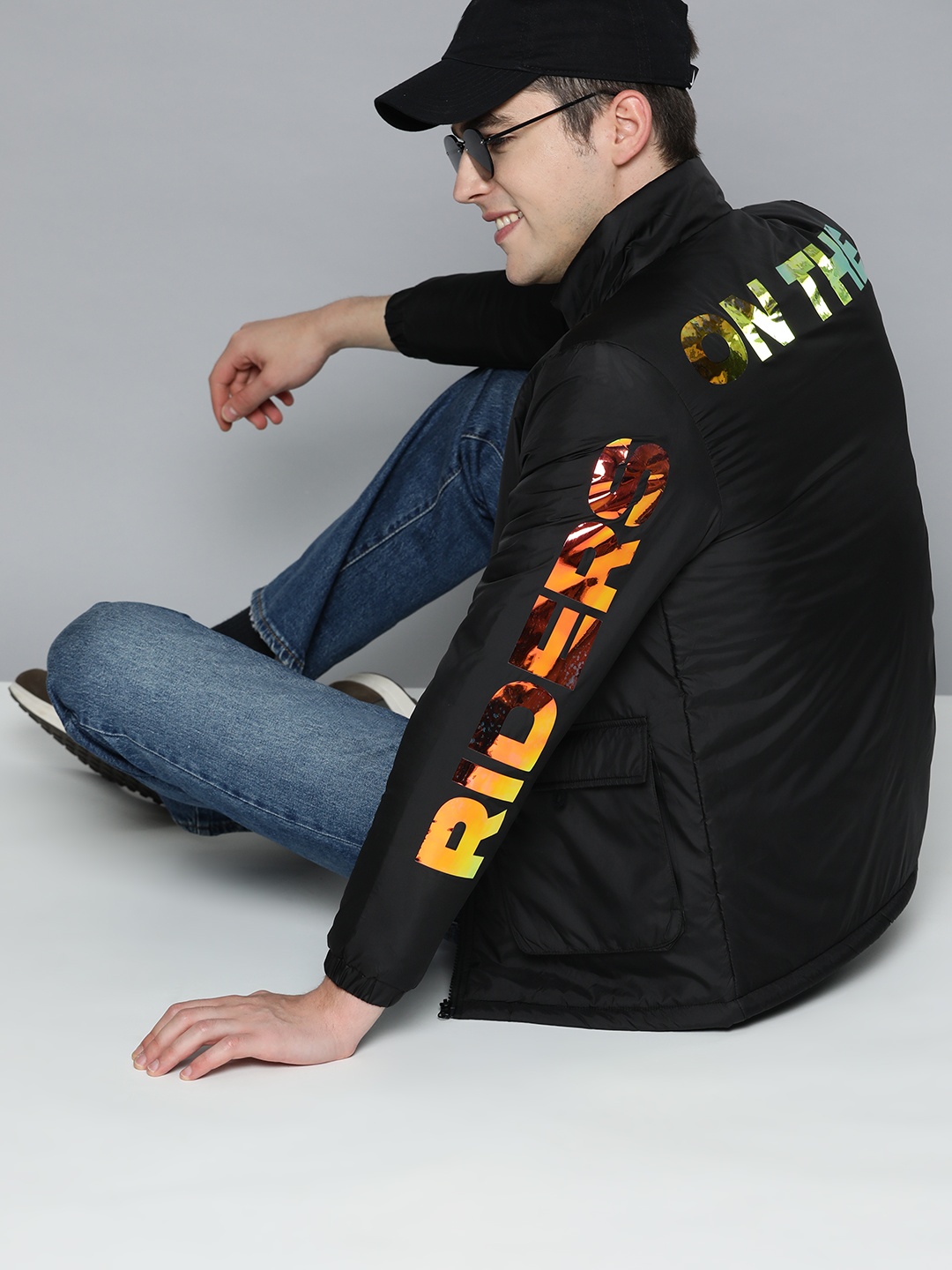 

HERE&NOW Typography Printed Mock Collar Padded Jacket, Black