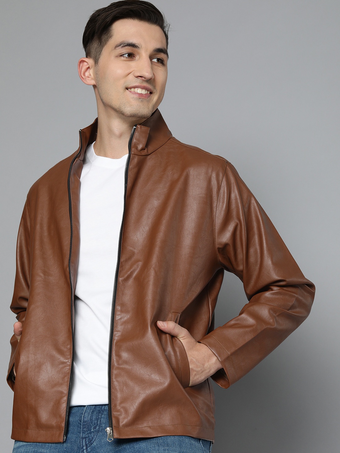 

HERE&NOW Men Brown Solid Leather Jacket