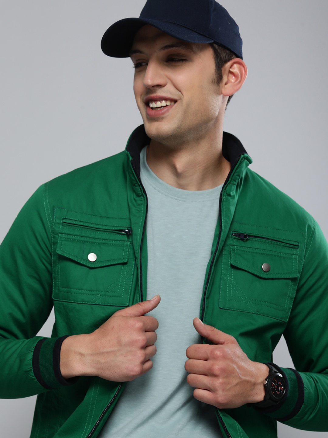 

HERE&NOW Men Green Solid Bomber Jacket