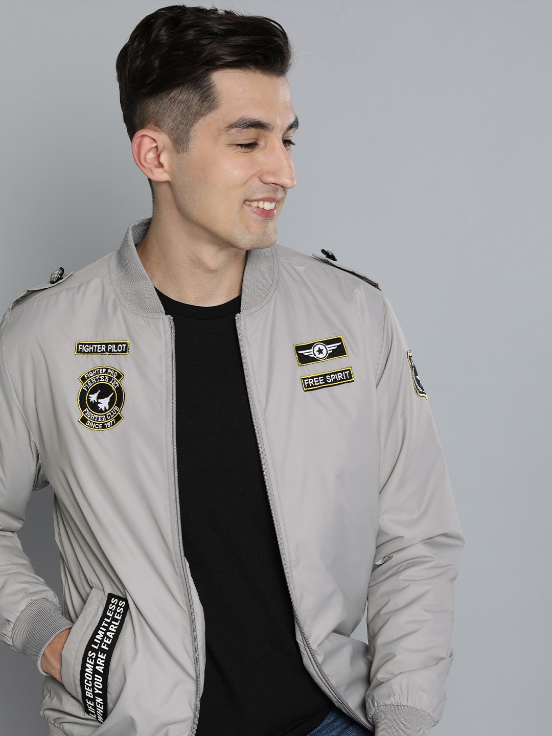 

HERE&NOW Men Typography Printed Stand-Collar Sporty Jacket With Shoulder Tabs, Grey