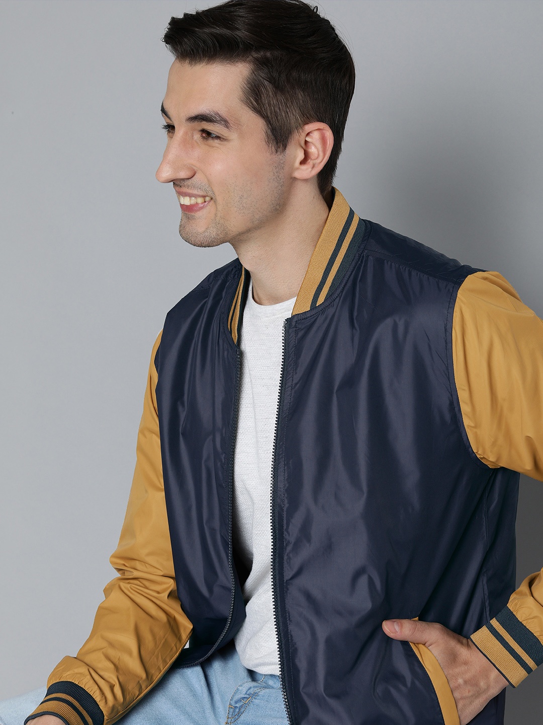 

HERE&NOW Men Navy Blue Bomber Jacket