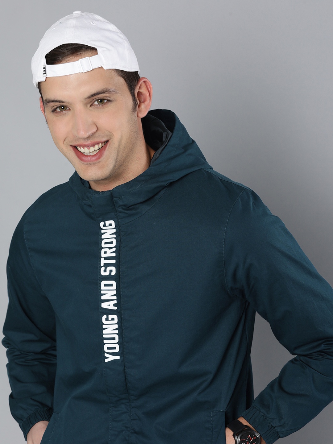 

HERE&NOW Men Teal Blue Typography Printed Hooded Bomber Jacket