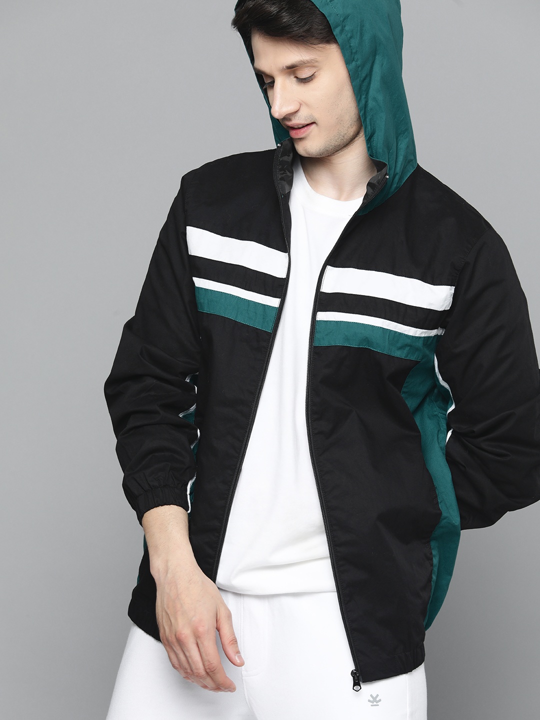 

HERE&NOW Men Striped Hooded Bomber Jacket, Black