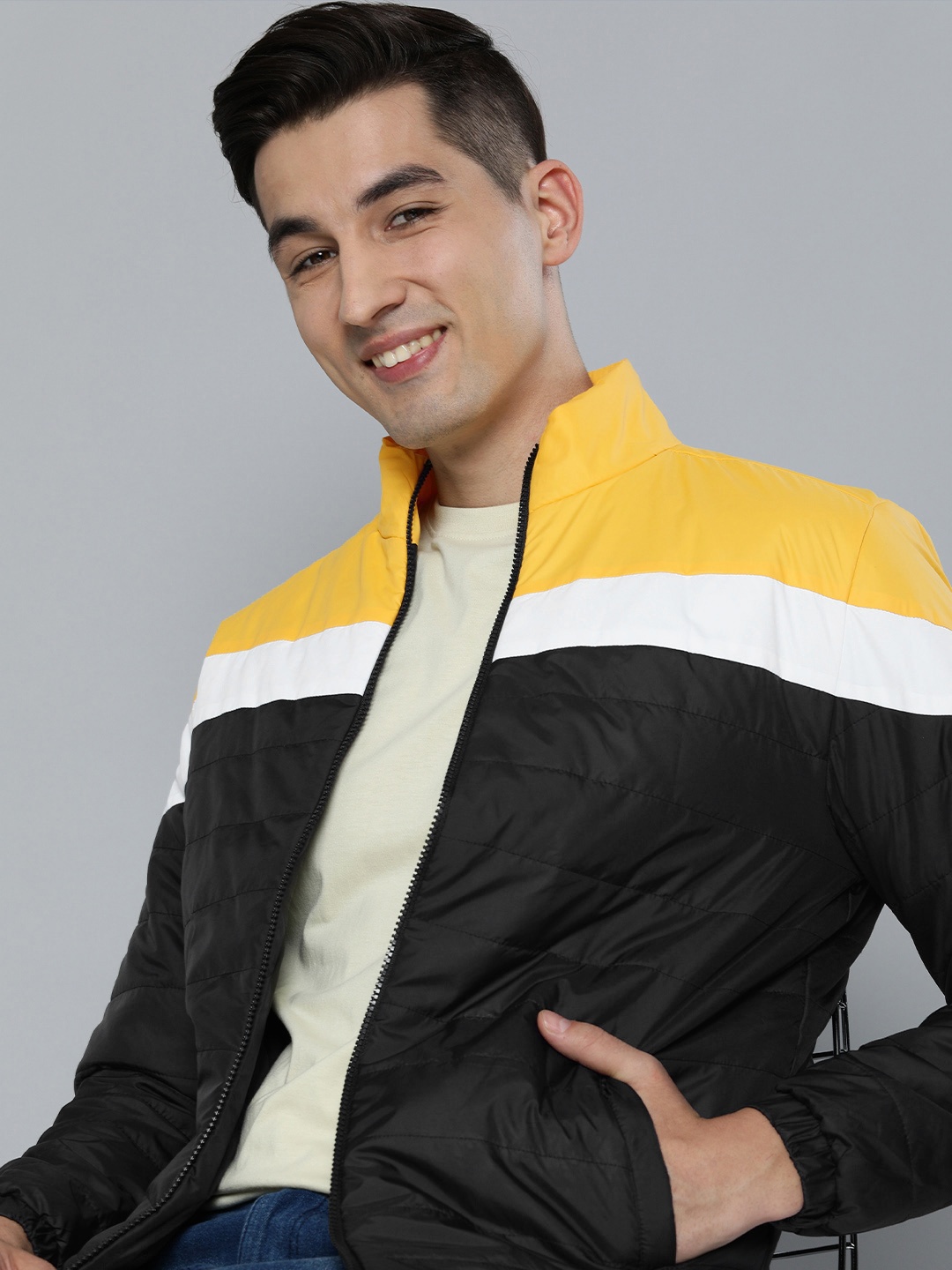 

HERE&NOW Men Colourblocked Mock-Collar Padded Jacket, Mustard