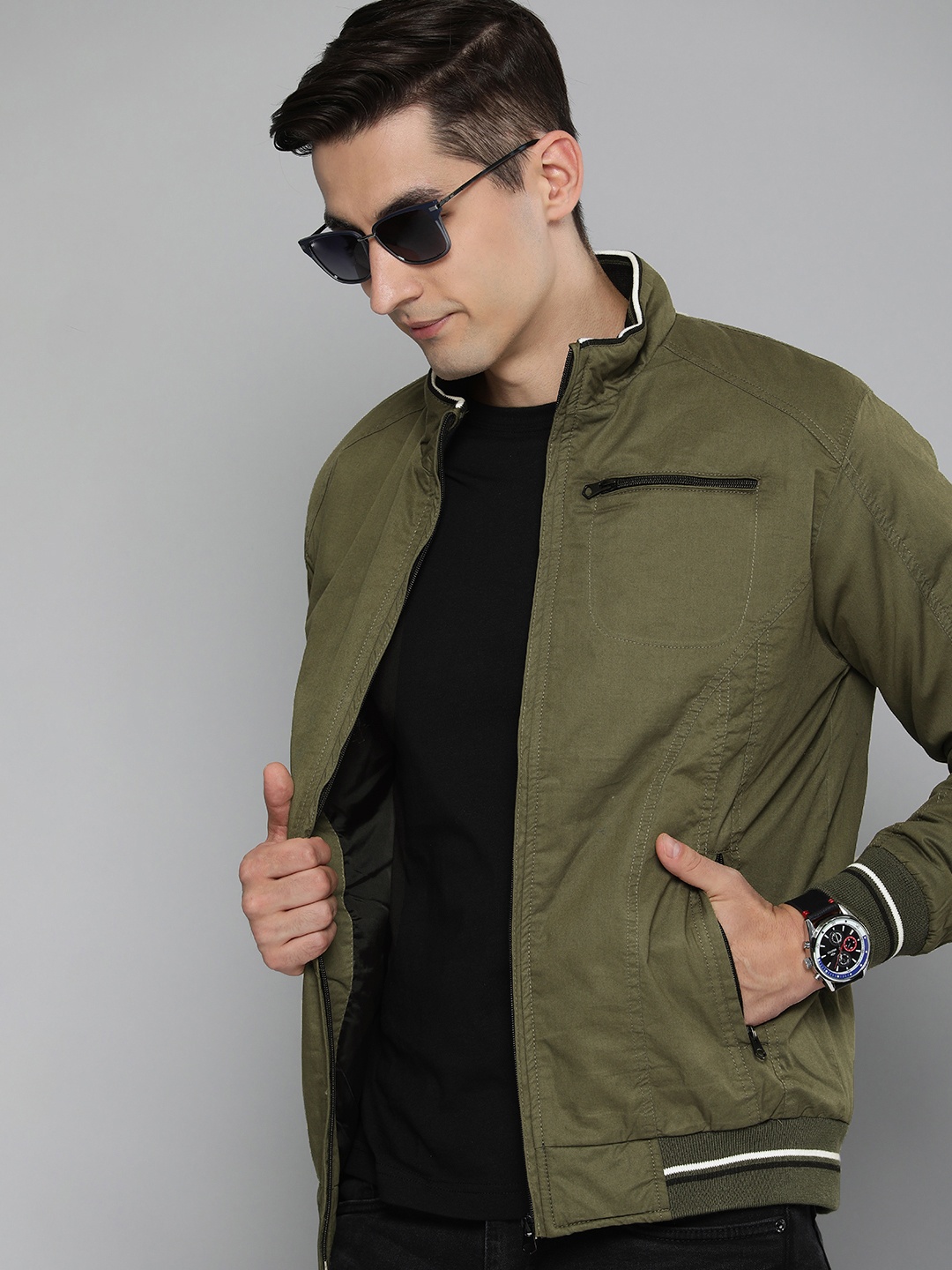 

HERE&NOW Men Olive Green Solid Bomber Jacket