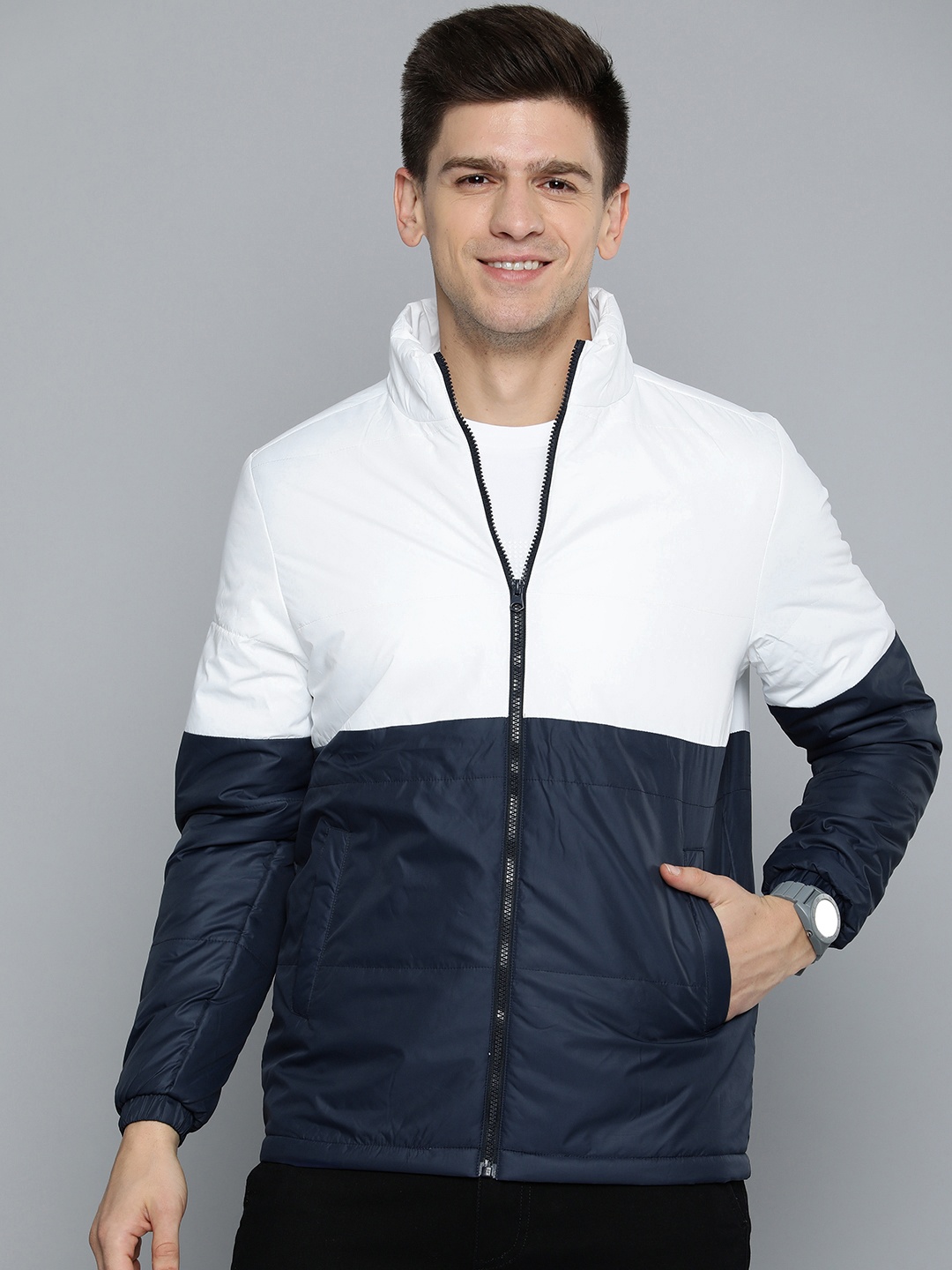 

HERE&NOW Men White Navy Blue Bomber Jacket