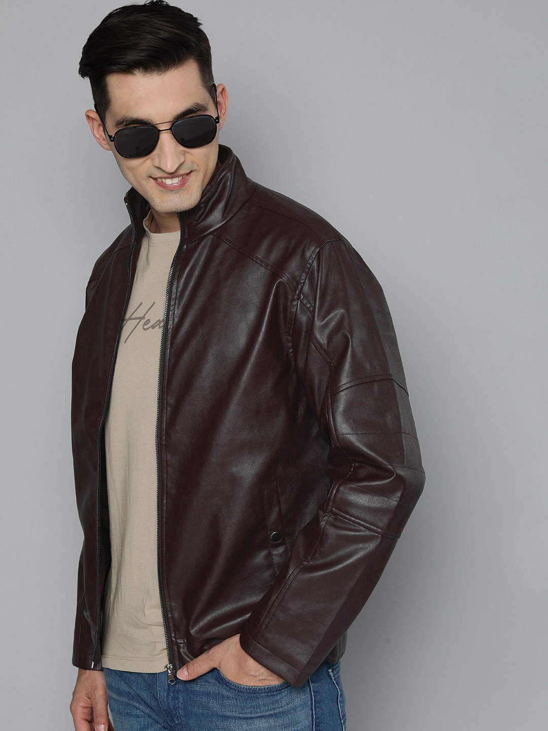

HERE&NOW Men Brown Solid Leather Jacket