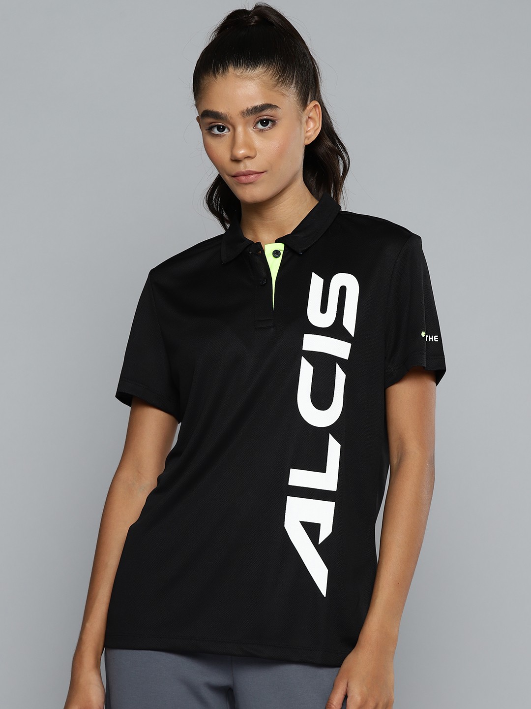 

Alcis Women Black & White Brand Logo Printed Polo Collar Slim Fit Running T-shirt