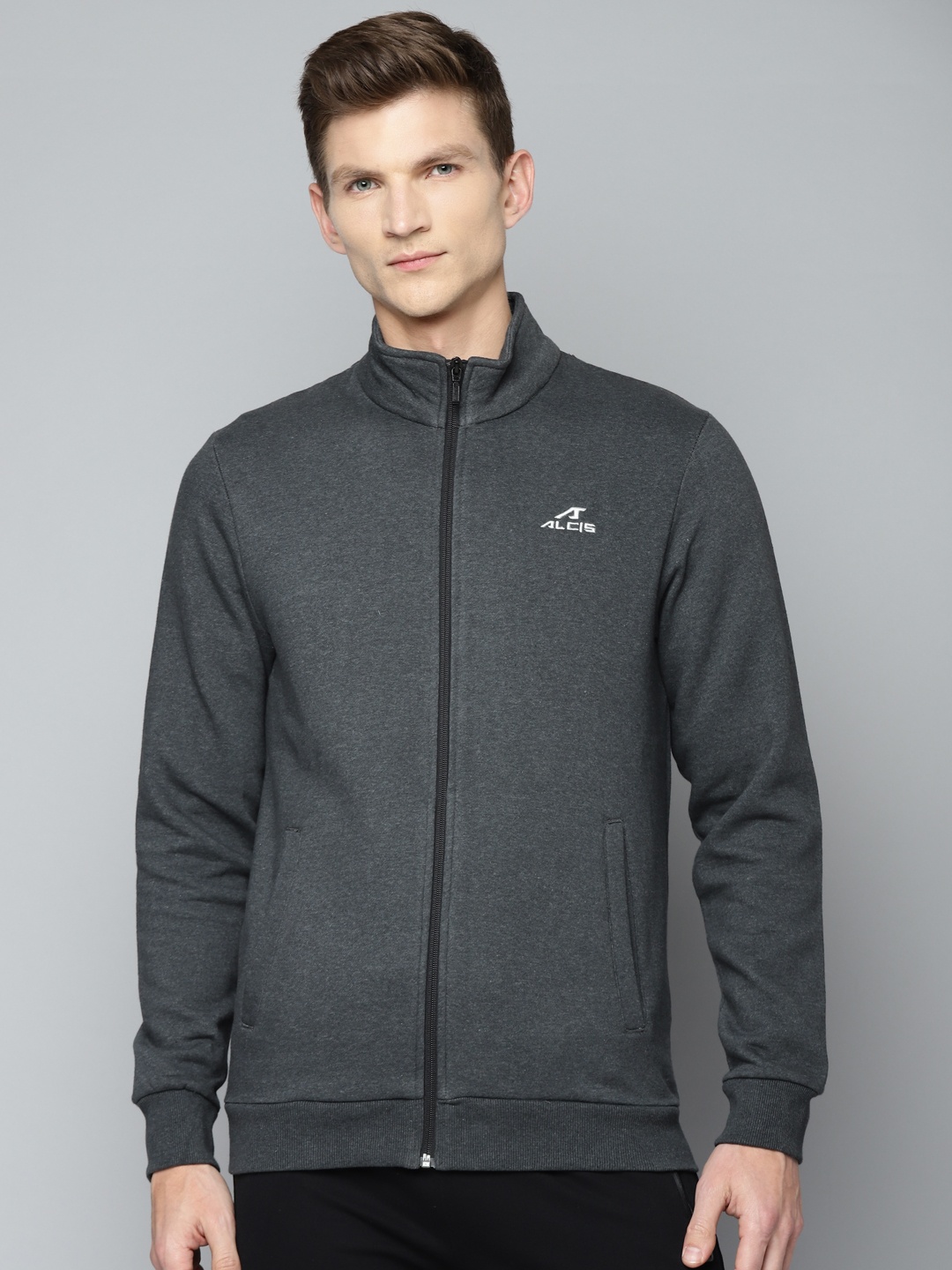 

Alcis Men Charcoal Grey Solid Cotton Running Sporty Jacket