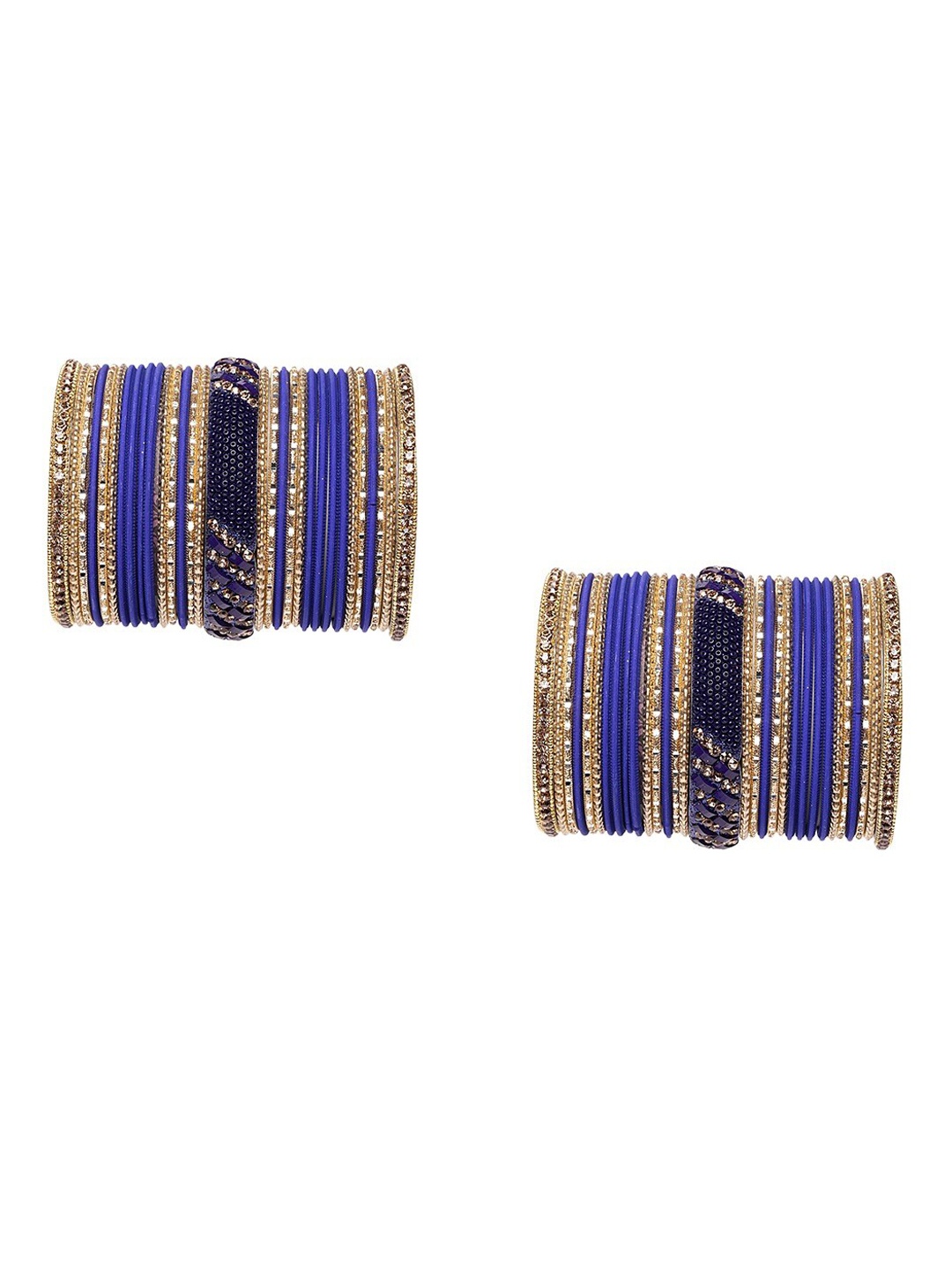 

MUCH MORE Set Of 62 Gold-Plated Navy Blue & White Stone-Studded & Beaded Bangles