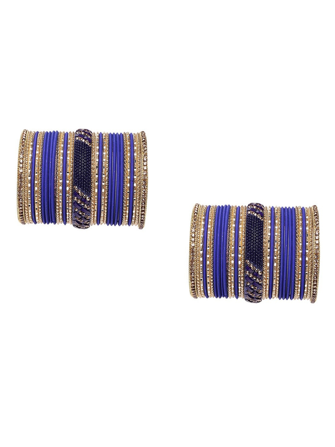 

MUCH MORE Set of 62 Blue Gold-Plated Stone-Studded & Beaded Bangles, Navy blue