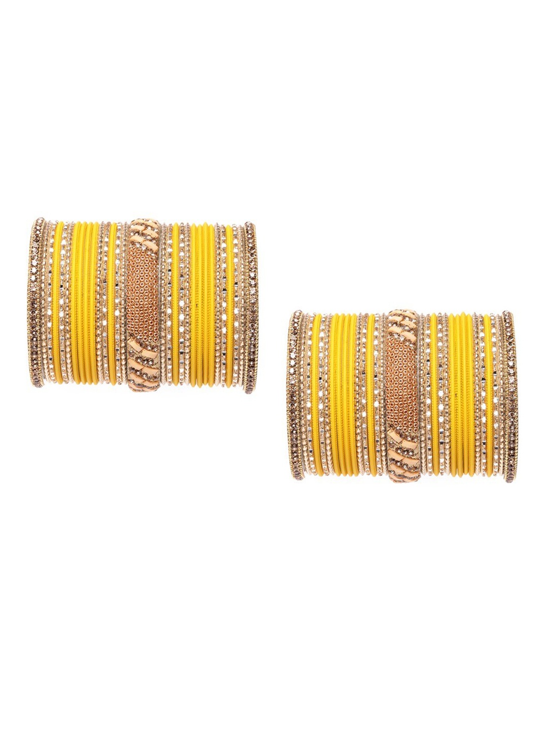 

MUCH MORE Women Set of 62 Yellow & Gold-Plated Stone-Studded & Beaded Bangles
