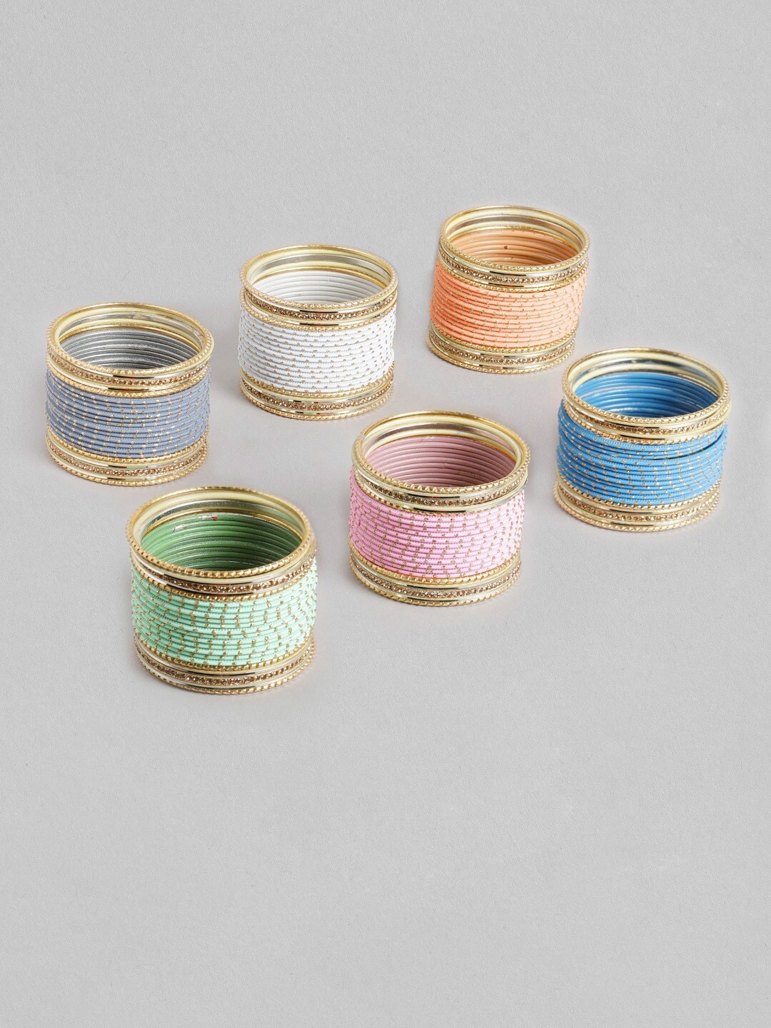 

MUCH MORE Set Of 132 Gold-Plated Pink & Blue Stone-Studded & Beaded Bangles