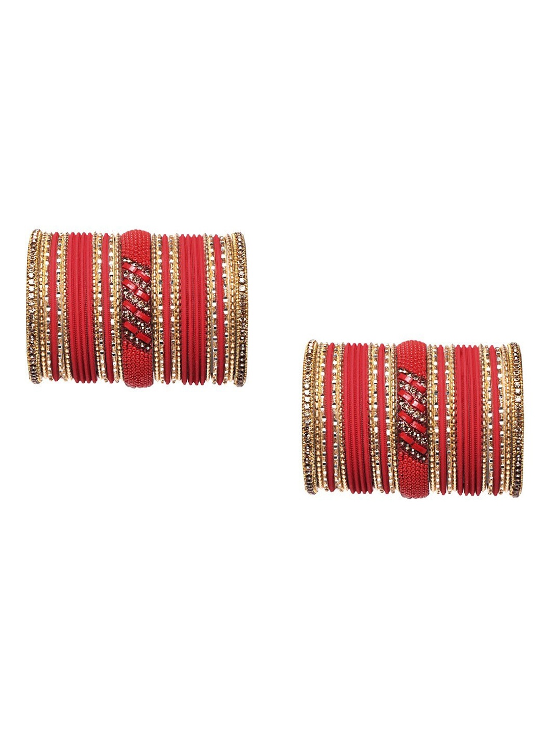 

MUCH MORE Women Set Of 62 Gold Plated Red Stone Studded & Beaded Bangle