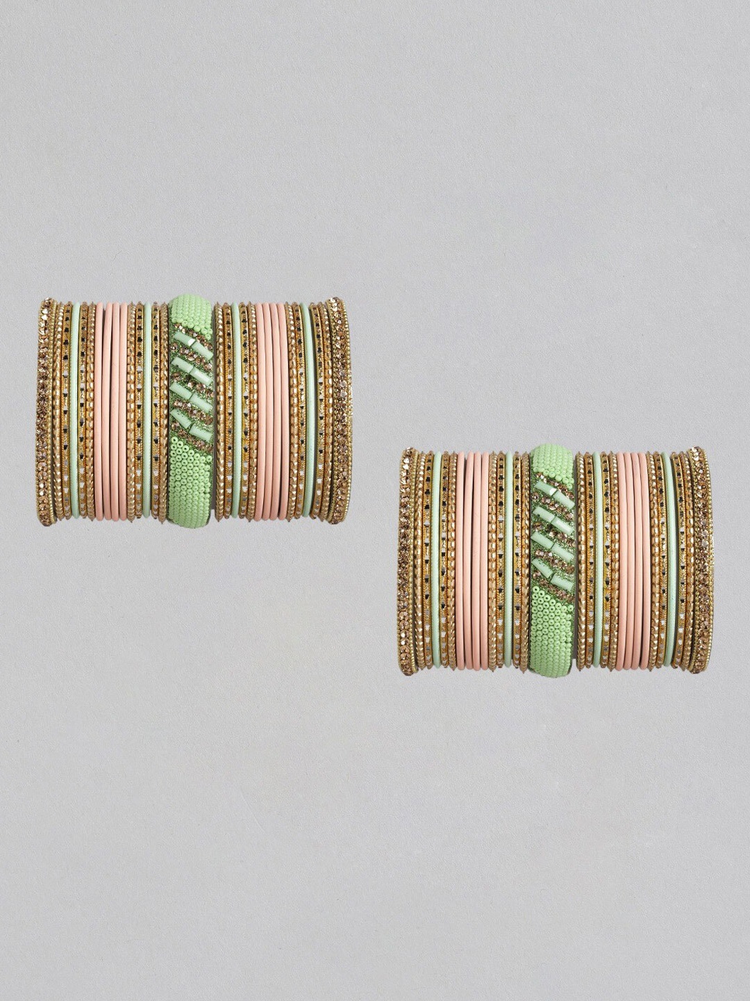 

MUCH MORE Women Set of 62 Peach-Coloured & Green Gold-Plated Bangles, Multi