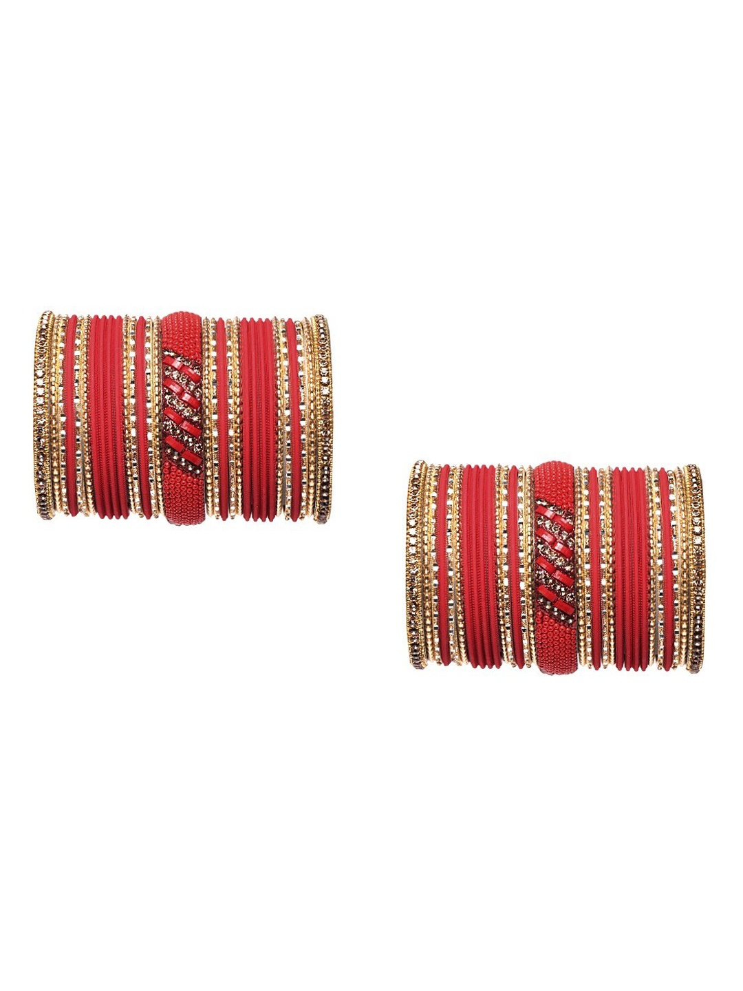 

MUCH MORE Pack Of 62 Gold Plated Red Stone Studded & Beaded Bangles