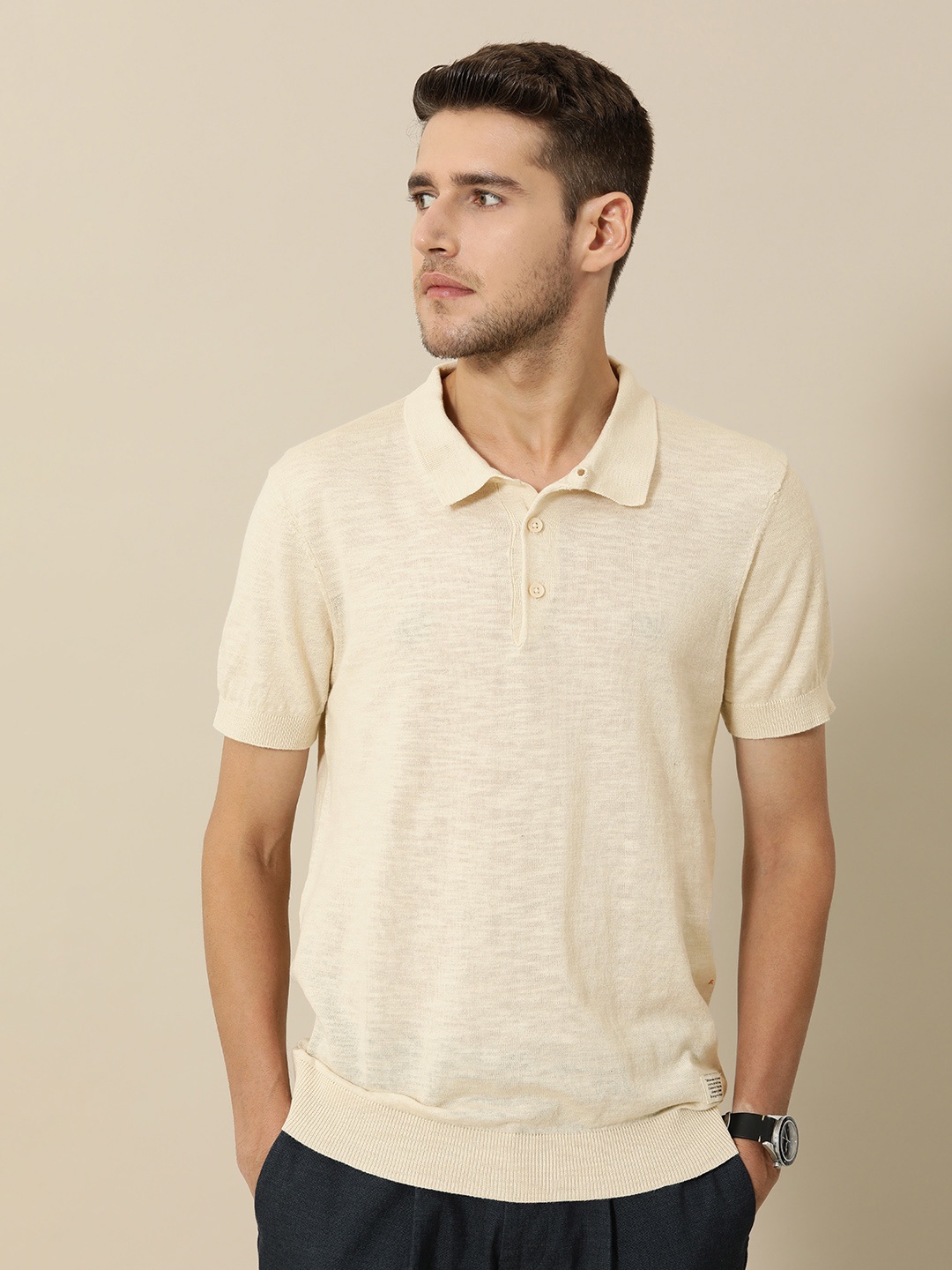 

Mr Bowerbird Men Flat Knit Classic Polo T-shirt, Cream