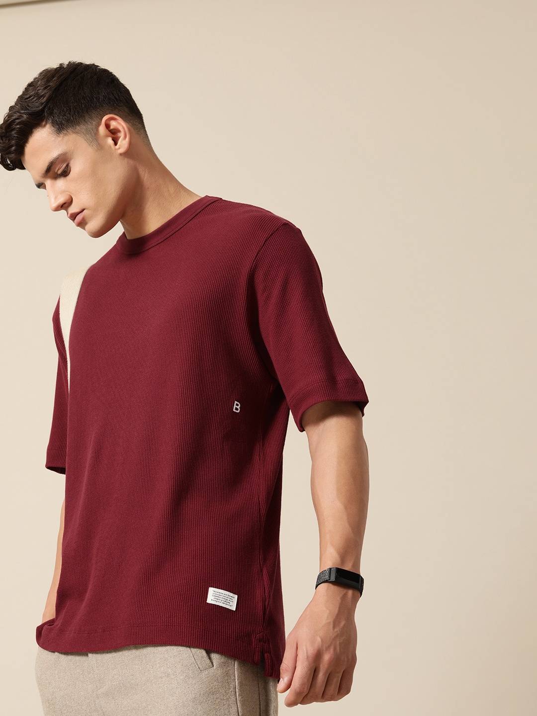 

Mr Bowerbird Self Design Liberal Fit Pure Cotton Casual T-shirt, Maroon
