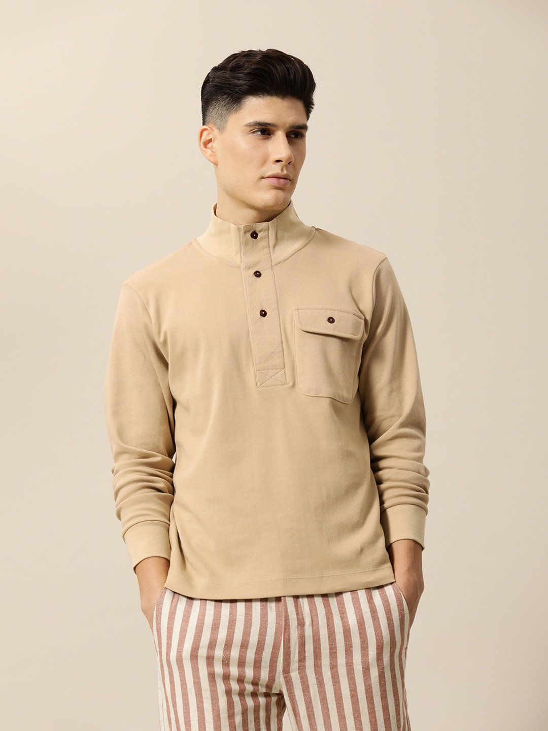 

Mr Bowerbird Men High Neck Pure Cotton Tailored Winter T-shirt, Camel brown