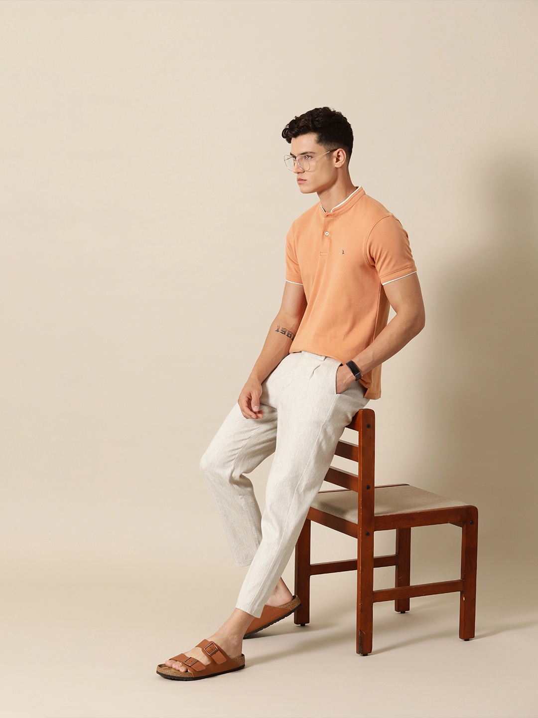 

Mr Bowerbird Embroidered Henley Neck Tailored Fit Pure Cotton T-shirt, Peach