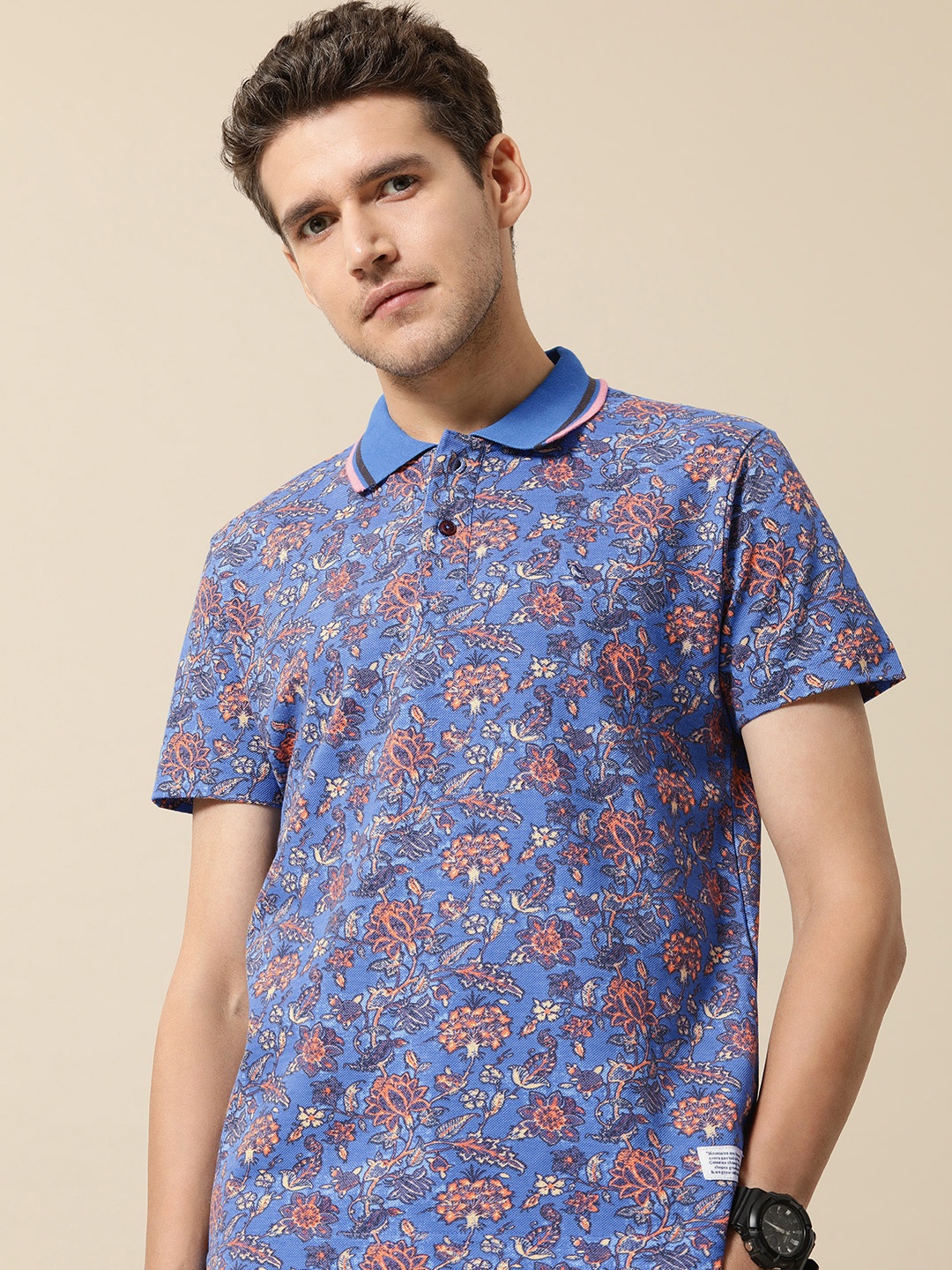 

Mr Bowerbird Men Floral Printed Polo Collar Pure Cotton T-shirt, Blue