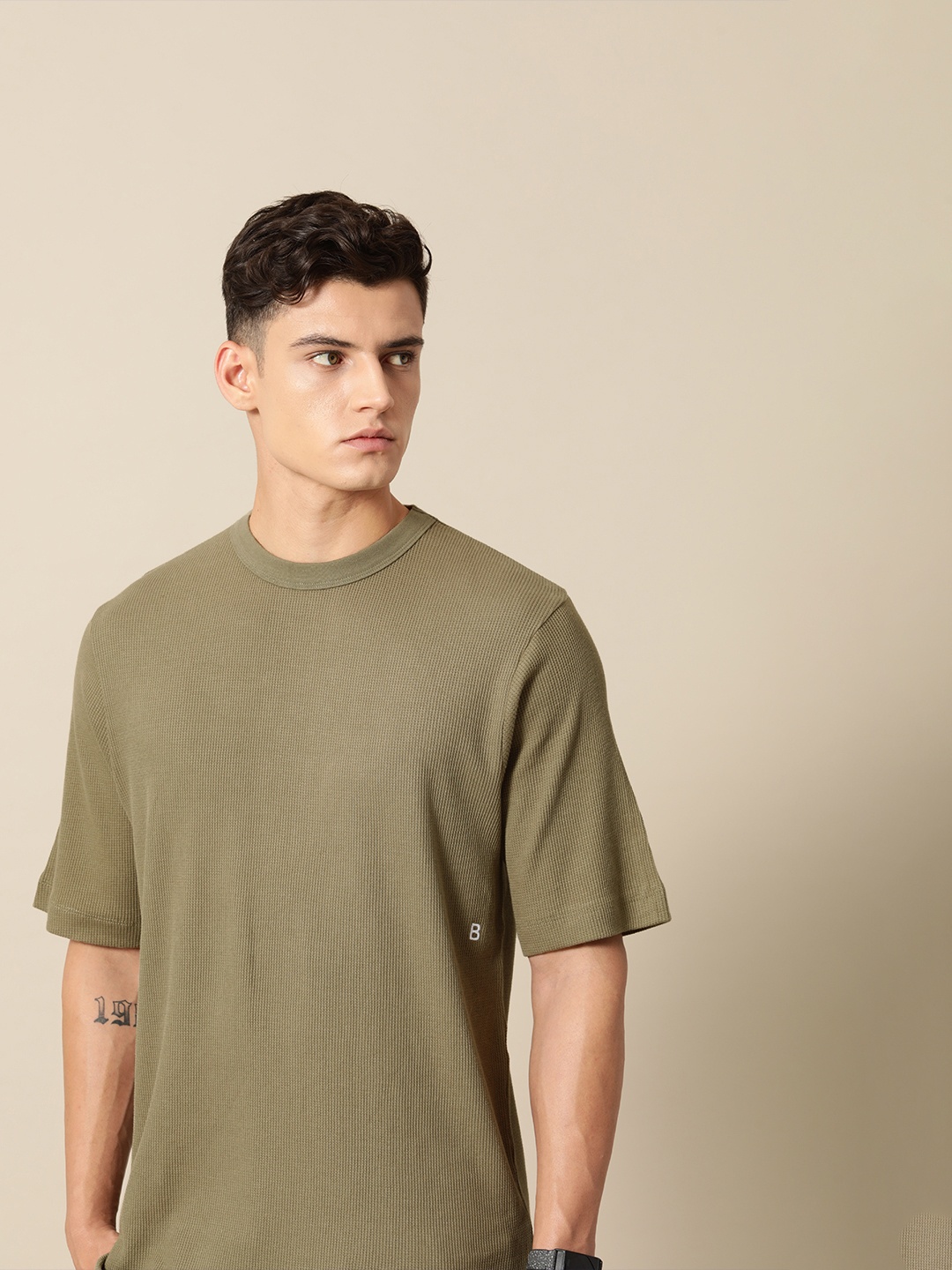 

Mr Bowerbird Self Design Liberal Fit Pure Cotton Casual T-shirt, Olive