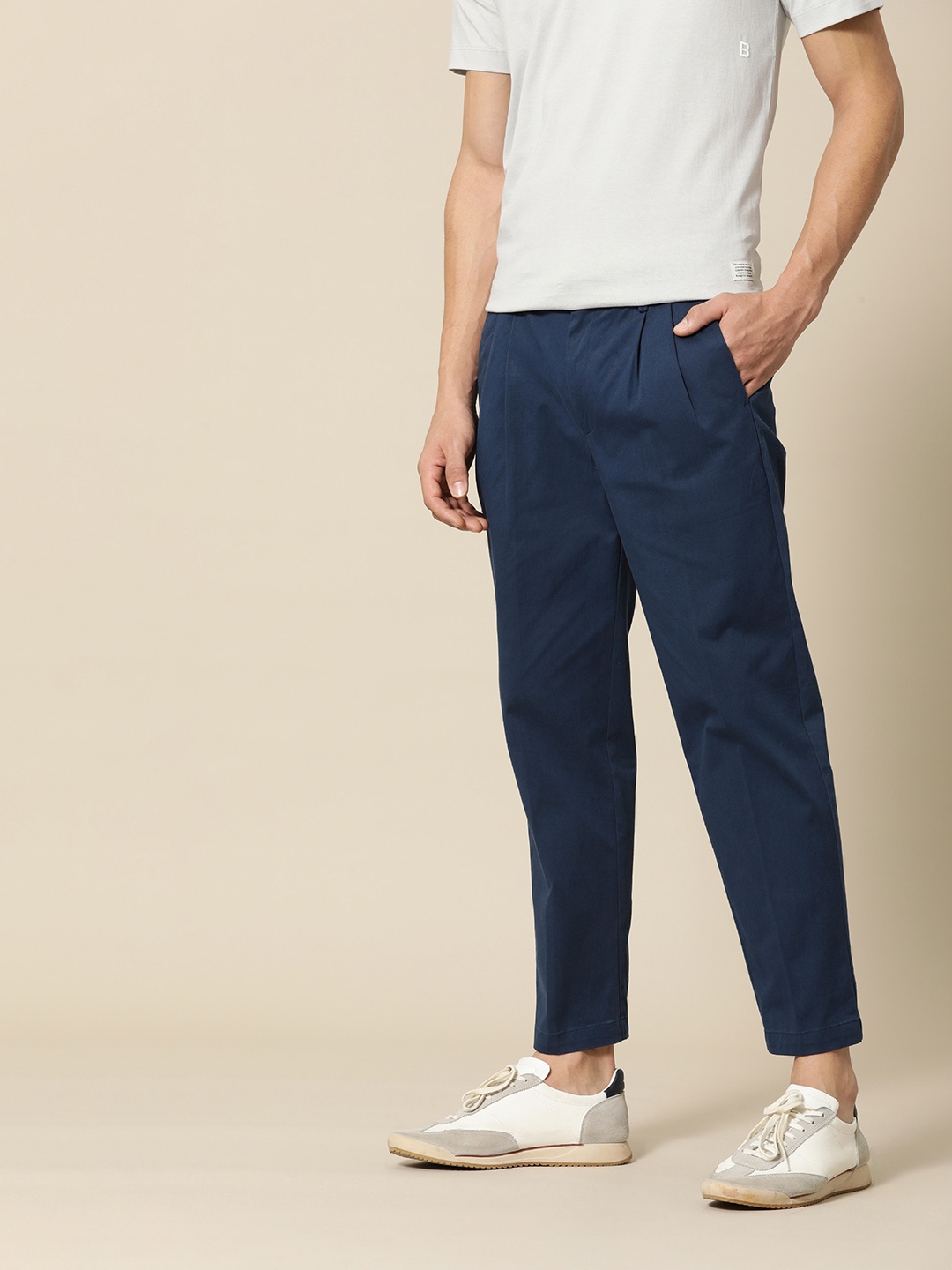 

Mr Bowerbird Men Navy Blue Solid Liberal Fit Double Pleated Trousers