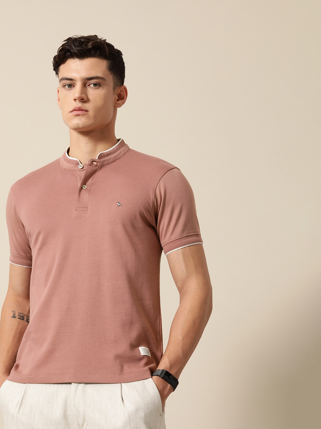 

Mr Bowerbird Embroidered Henley Neck Tailored Fit Pure Cotton T-shirt, Mauve