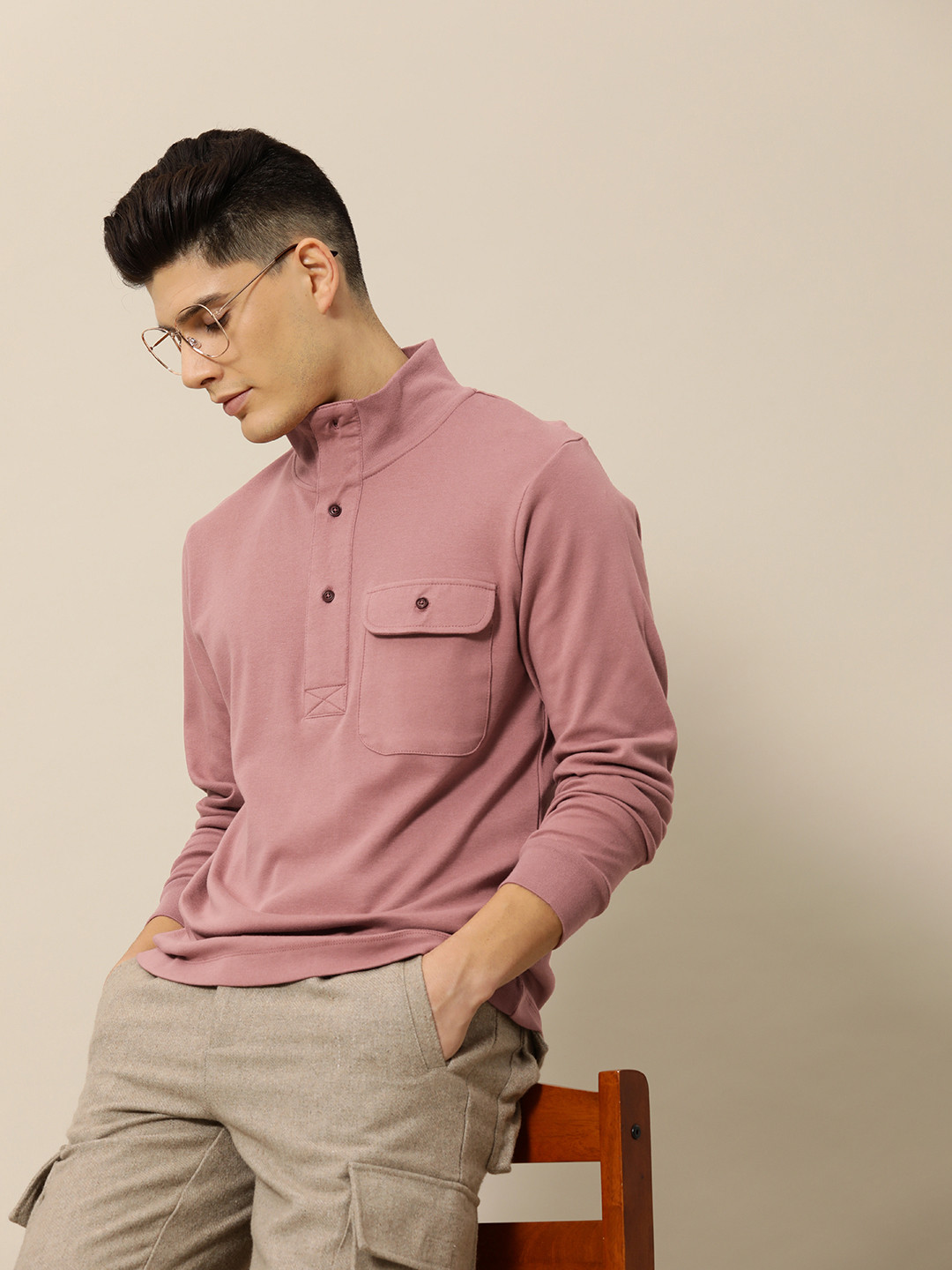 

Mr Bowerbird Men High Neck Pure Cotton Tailored Winter T-shirt, Mauve