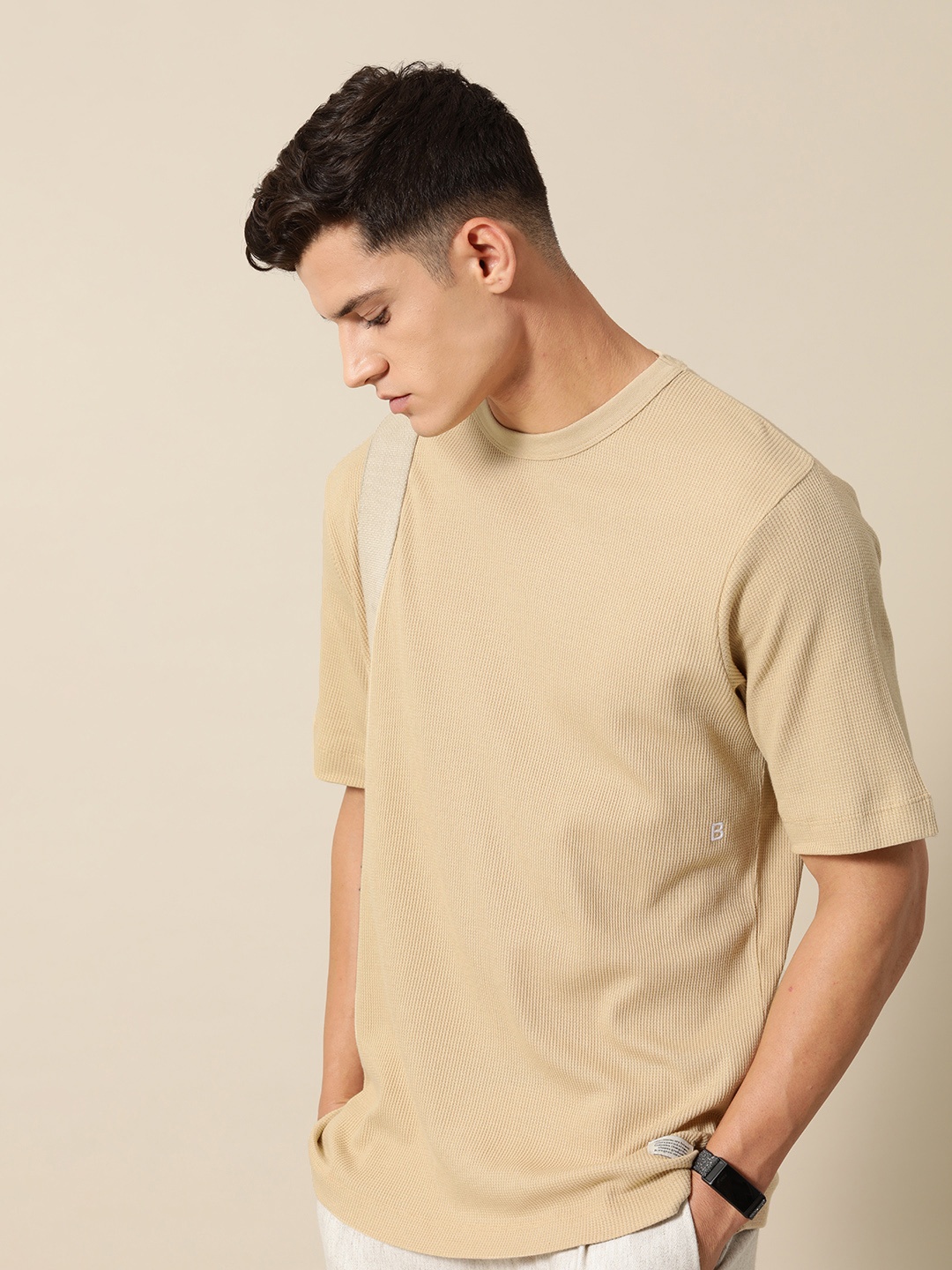 

Mr Bowerbird Self Design Liberal Fit Pure Cotton Casual T-shirt, Beige