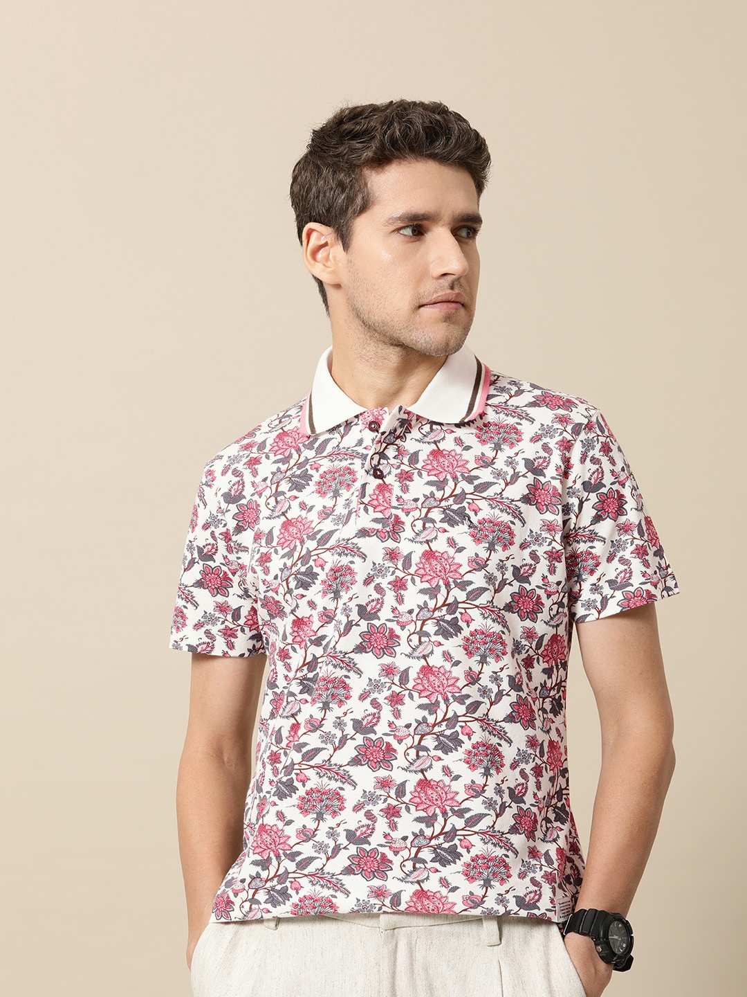 

Mr Bowerbird Men Floral Printed Polo Collar Pure Cotton T-shirt, White