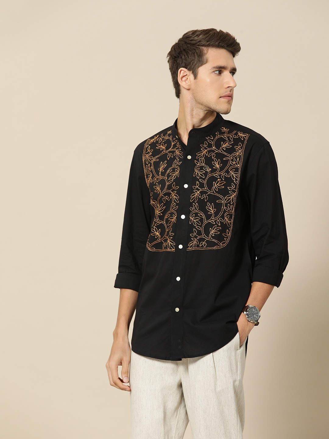 

Mr Bowerbird Men Black & Gold Chikankari Tailored Fit Pure Cotton Casual Shirt