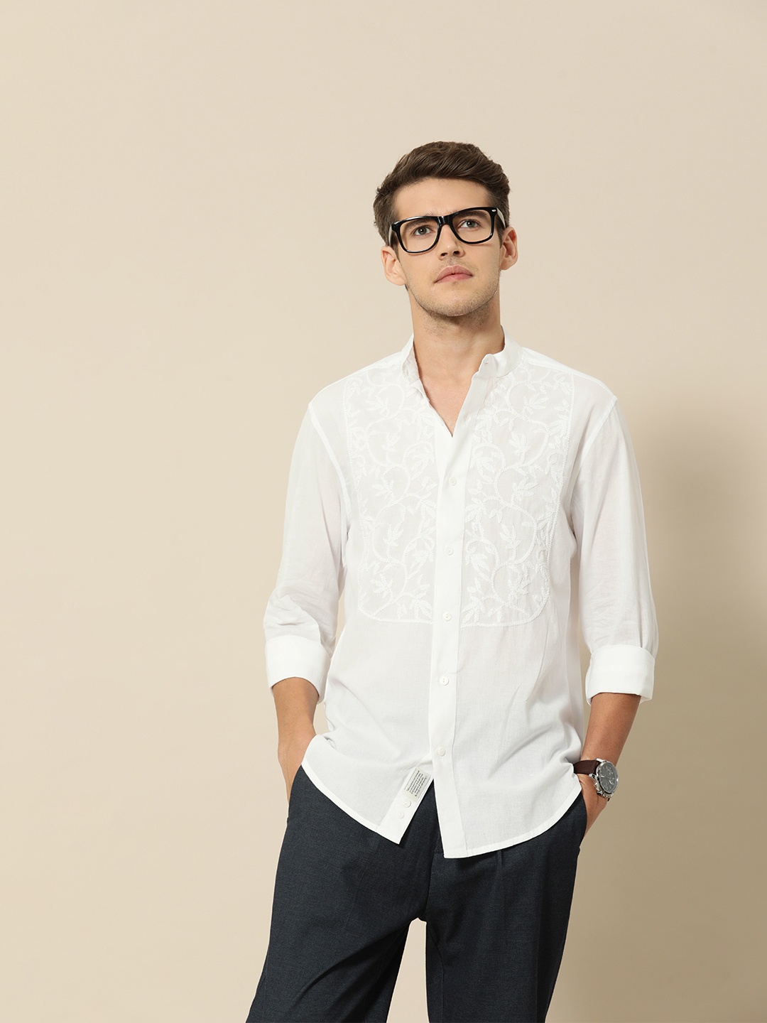 

Mr Bowerbird Men White Tailored Fit Chikankari Embroidered Casual Shirt