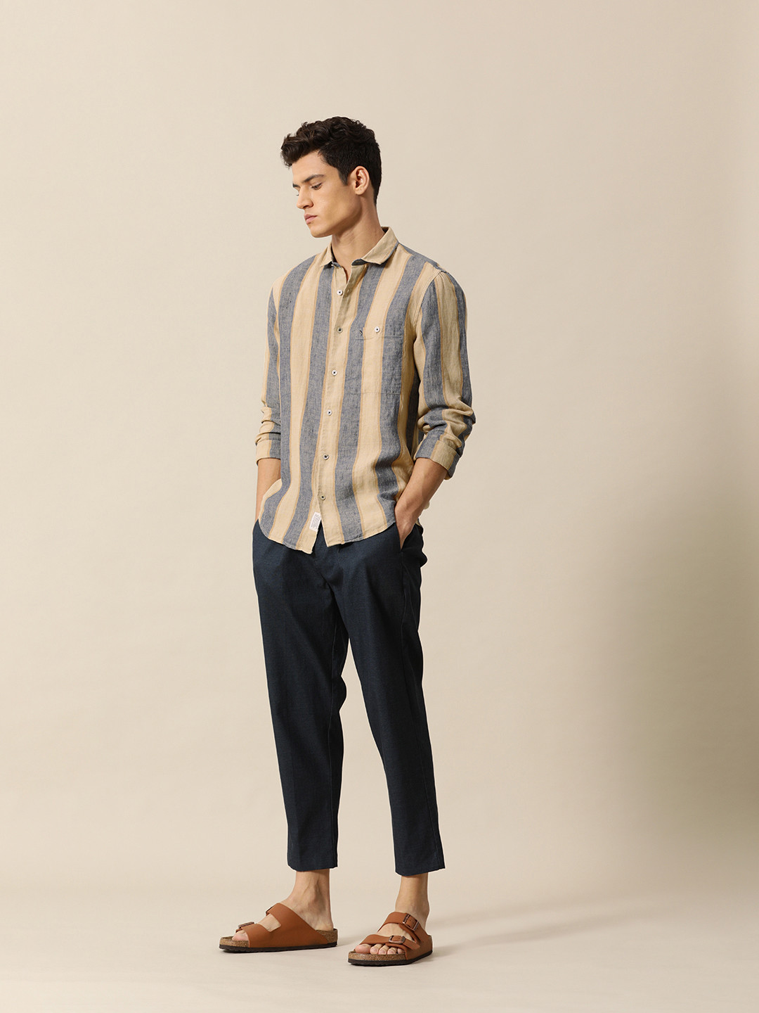 

Mr Bowerbird Men Beige & Blue Vertical Stripes Linen Casual Shirt